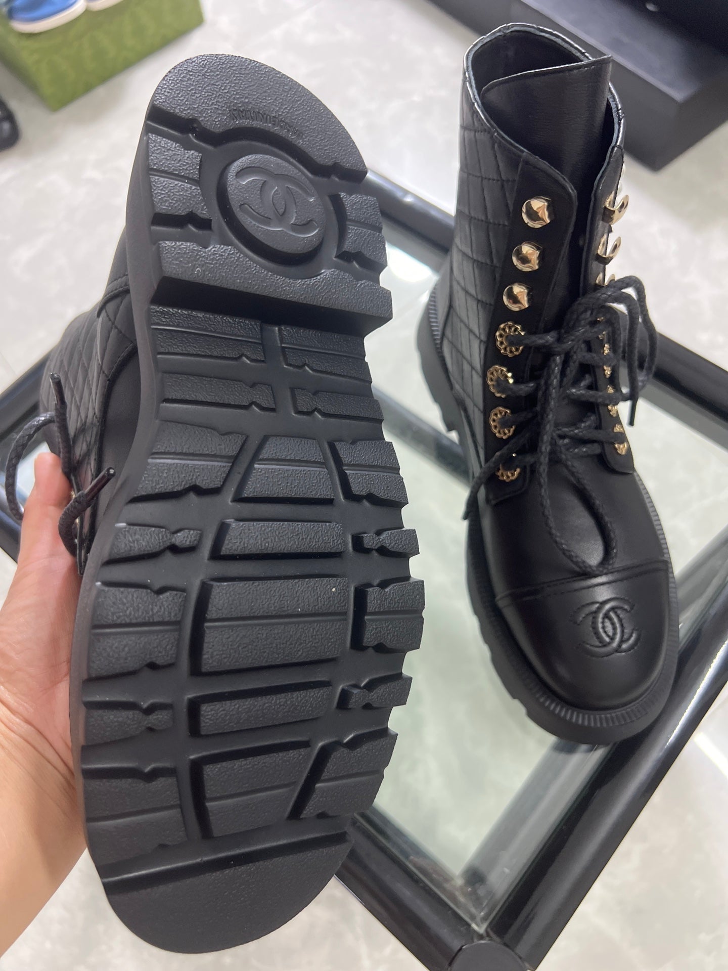 CC Combat Boots Black Quilted Lambskin 944572