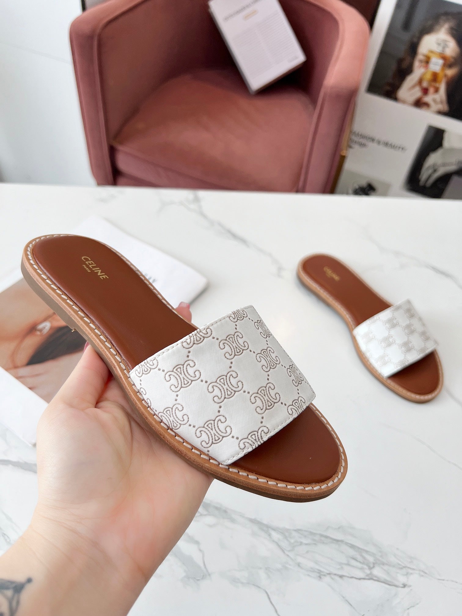 Celine 25C Slippers White Monagram Silk with Calfskin 238145