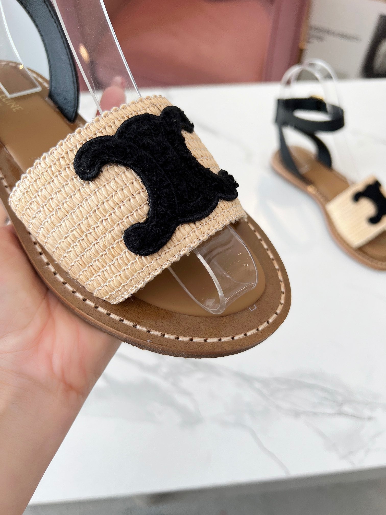 Celine 25C Lympia Sandal Beige mix Black Fabric with Calfskin 238163