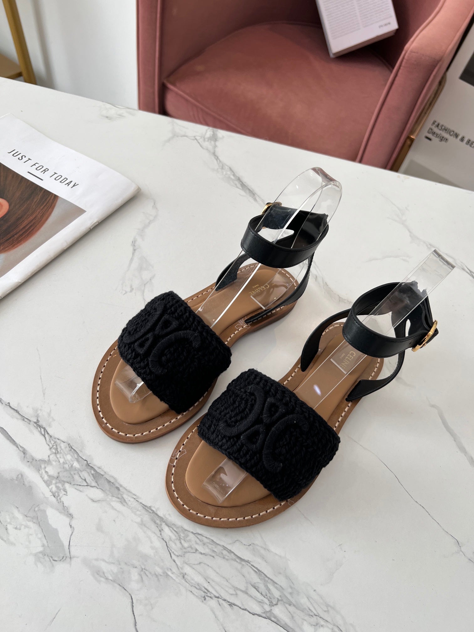 Celine 25C Lympia Sandal Black Fabric with Calfskin 238176