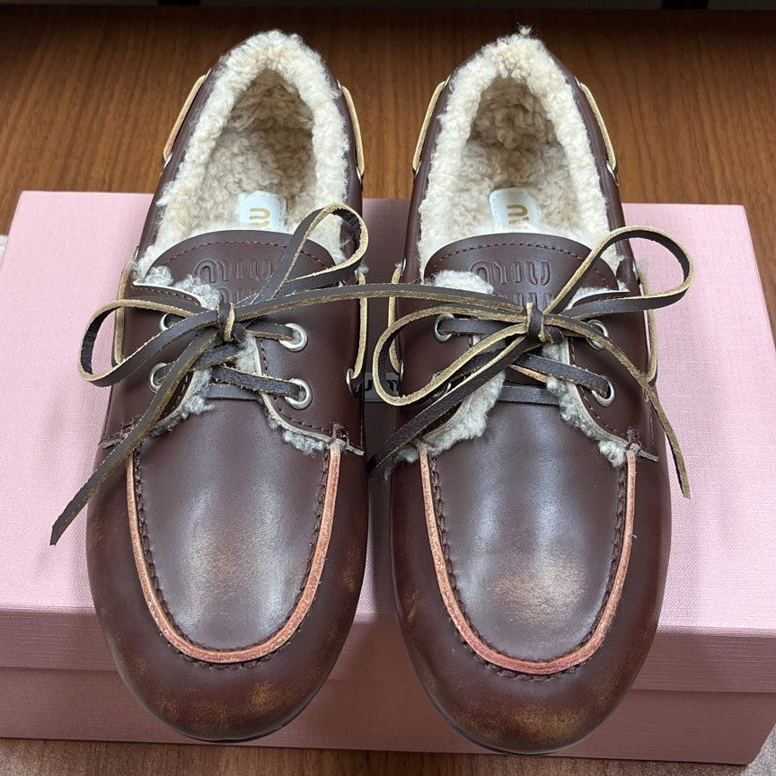 Miu Miu 2026 Boat Loafers Leather Suede Wool 157103
