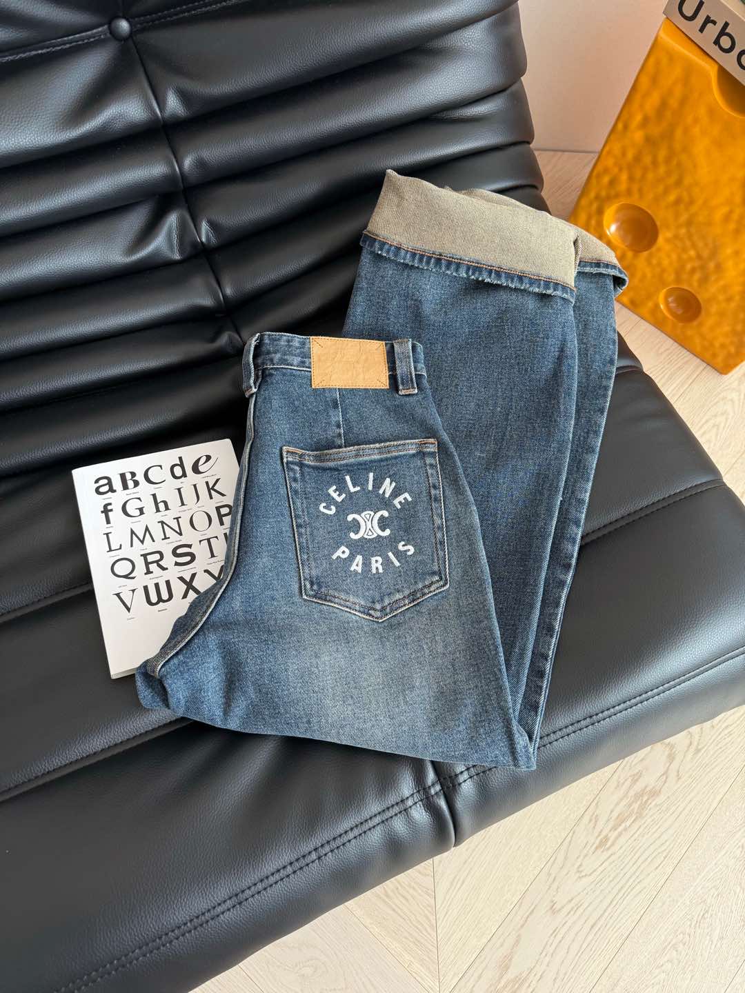 Celine 25 Pattern Embroidered Straight Jeans Blue Cotton