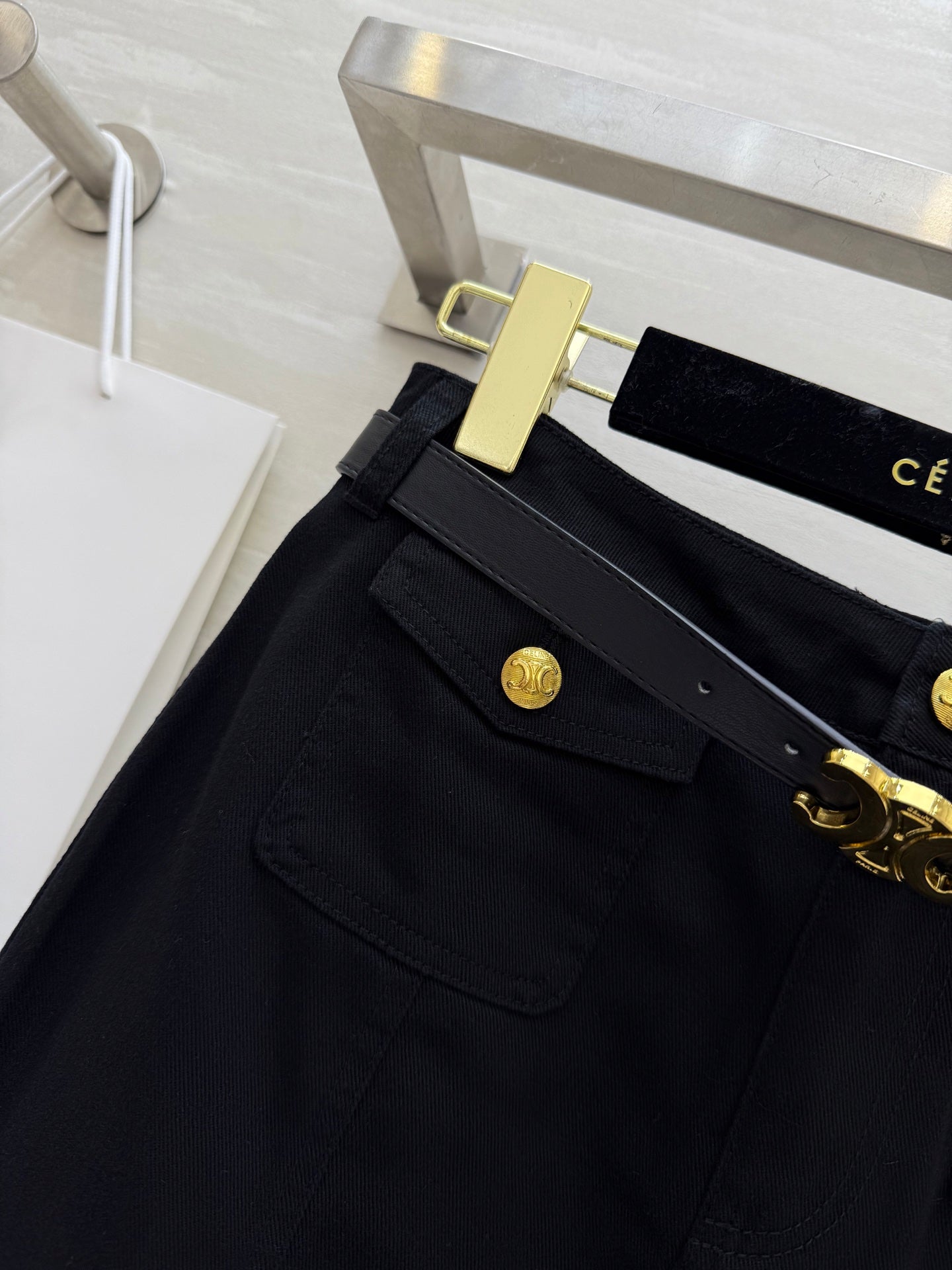Celine 25 Denim Skirt with Logo Belt Black Cotton