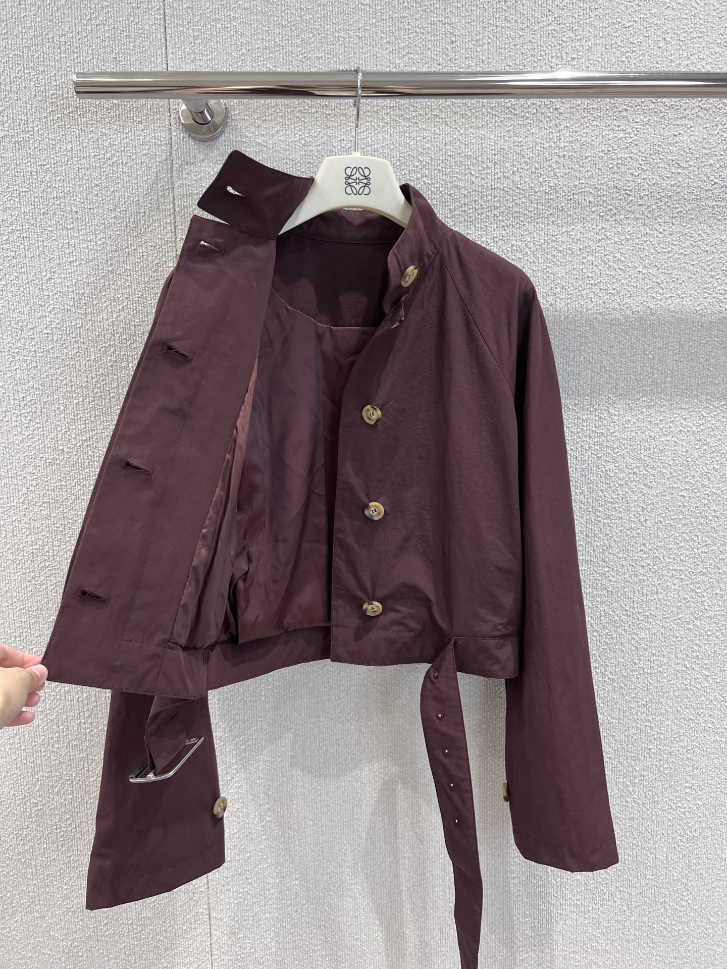 Loewe 25 Stand Collar Short Trench Coat Burgundy Red Cotton Nylon 224272