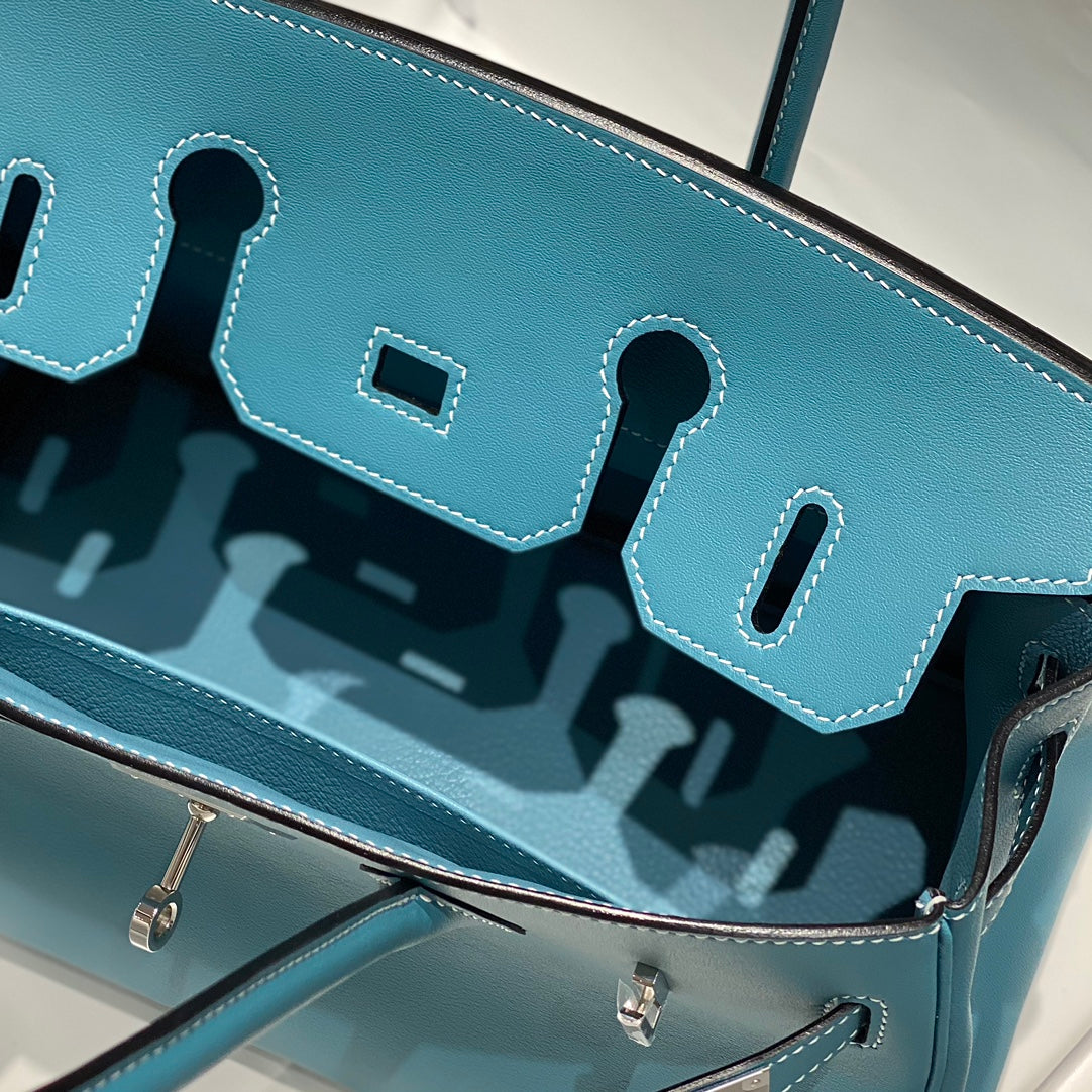 HM Shoulder Birkin 29cm Blue Denim Swift Leather Silver Hardware