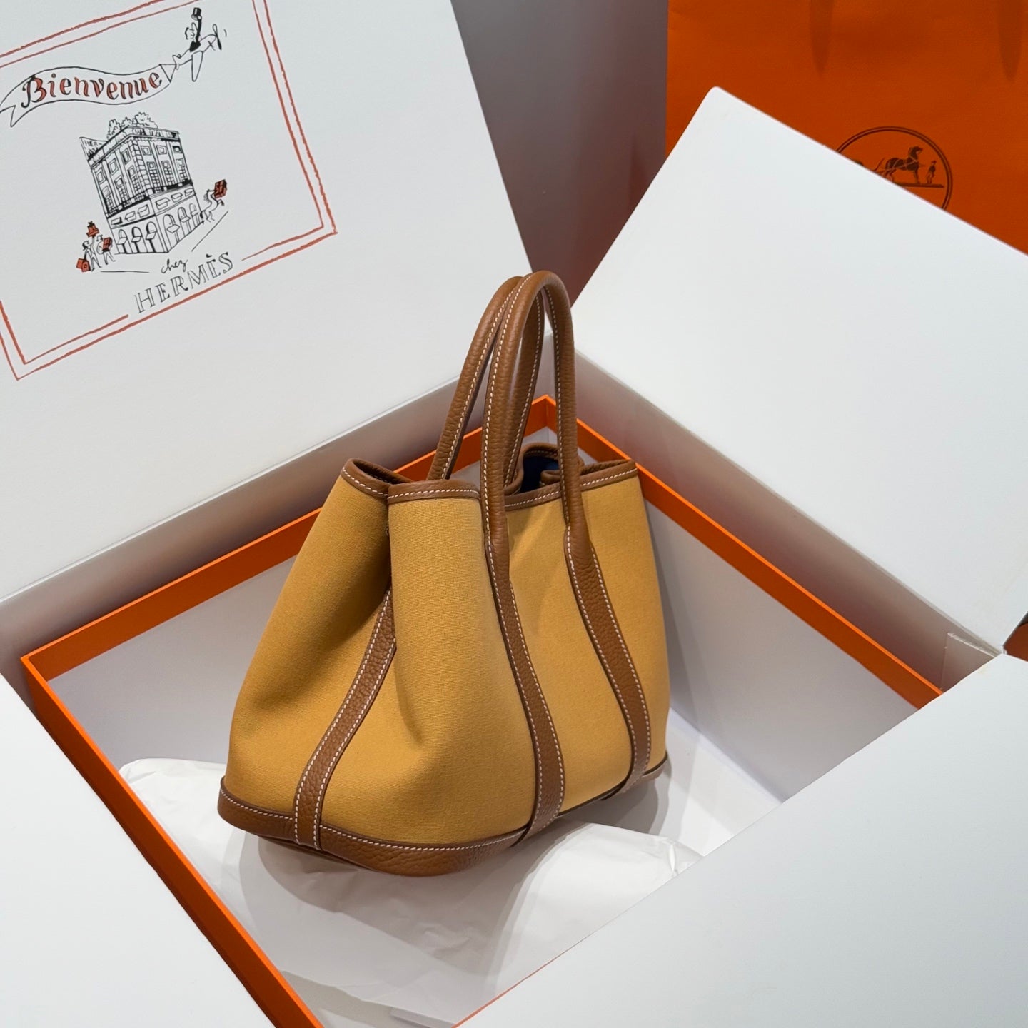 HM Garden Party 30cm Bag Gold Togo Dark Beige Canvas