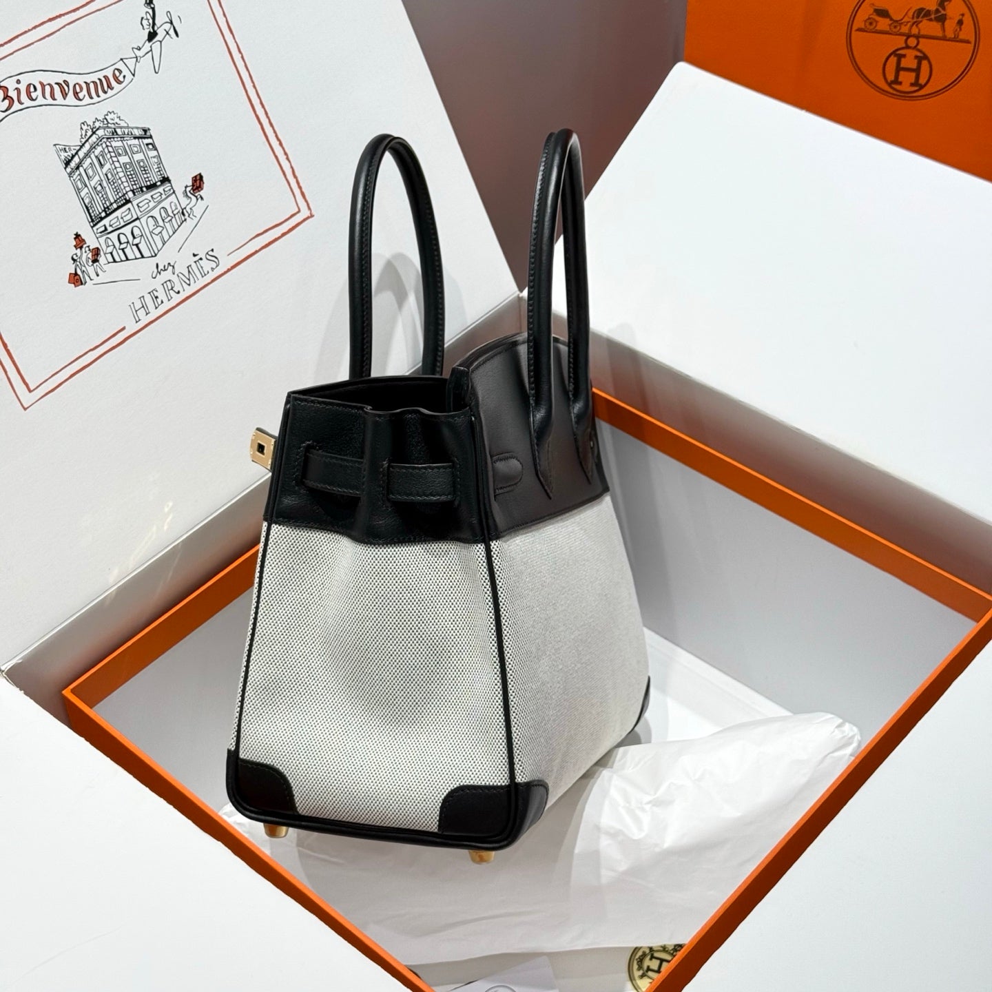 HM Birkin 30 Black Swift Leather Grey Canvas Gold Hardware