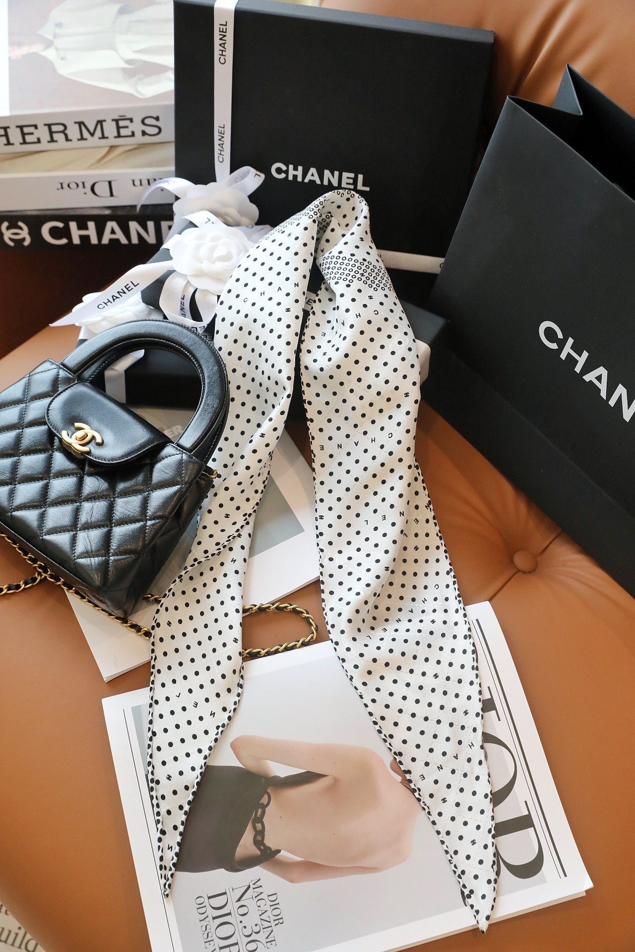 CC Scarf 110 CM In White Black Polka Dot Silk 348706