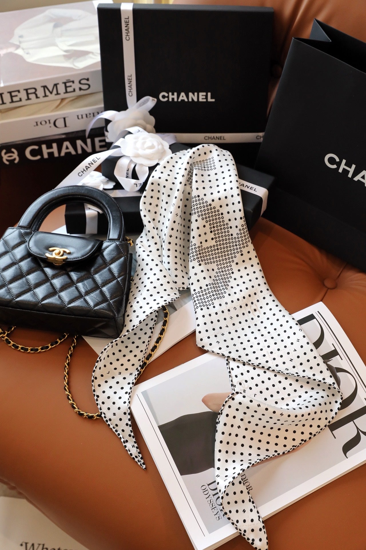 CC Scarf 110 CM In White Black Polka Dot Silk 348706