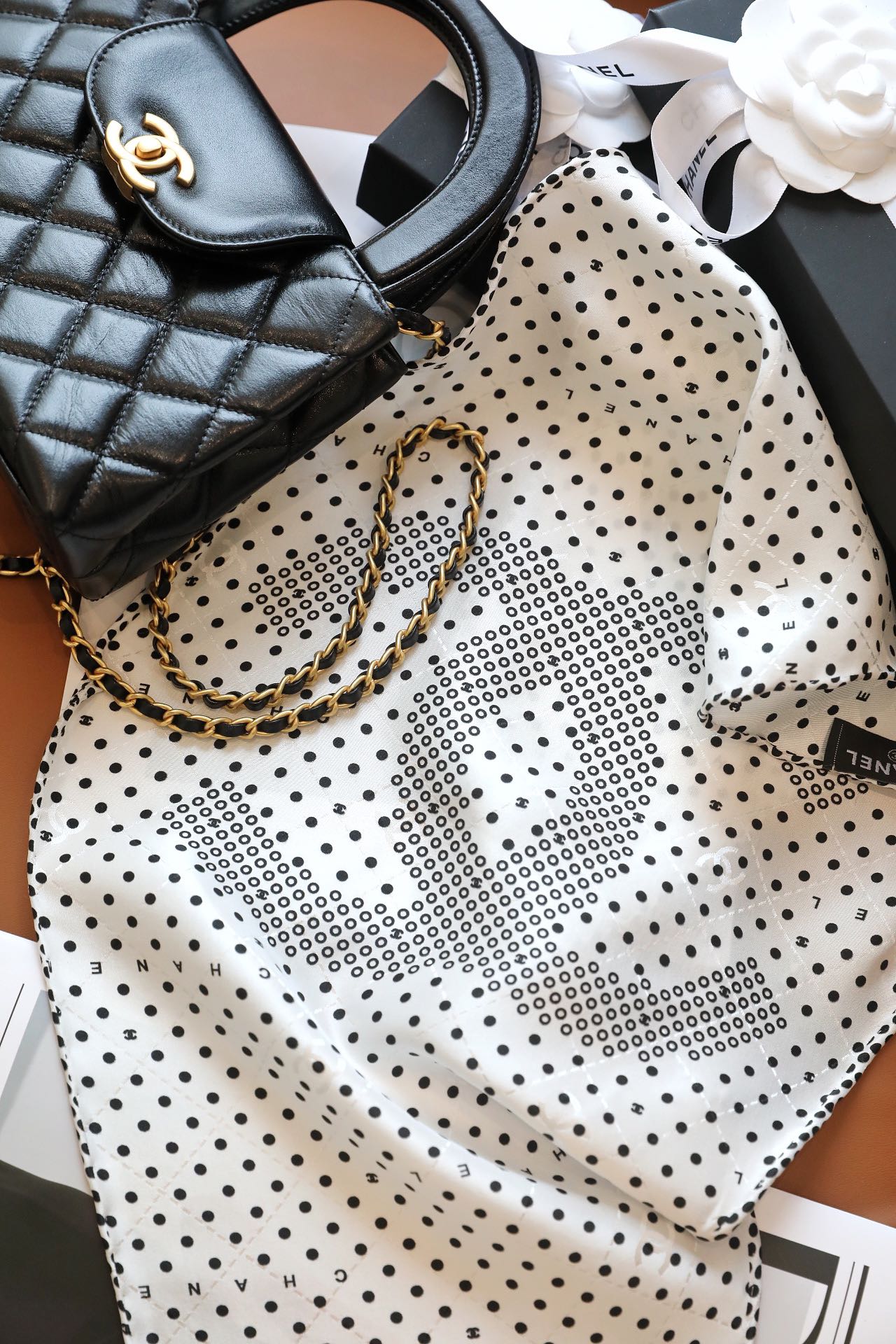 CC Scarf 110 CM In White Black Polka Dot Silk 348706