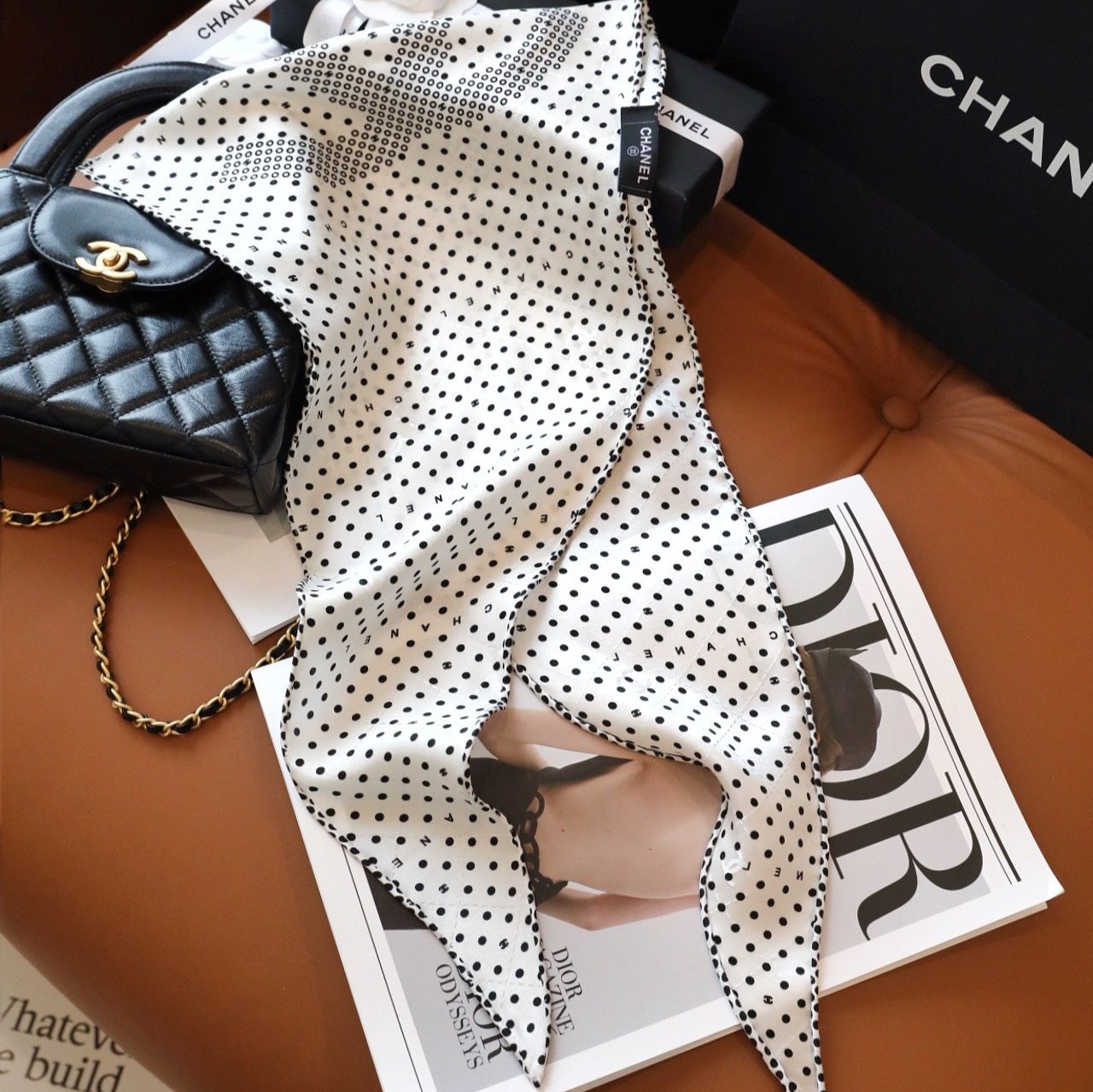 CC Scarf 110 CM In White Black Polka Dot Silk 348706