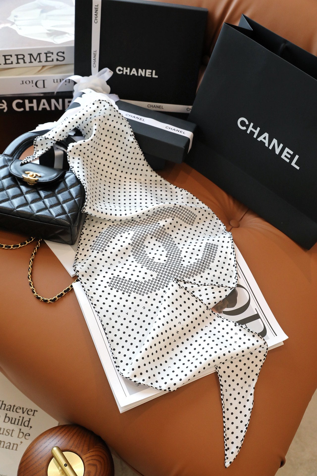 CC Scarf 110 CM In White Black Polka Dot Silk 348706