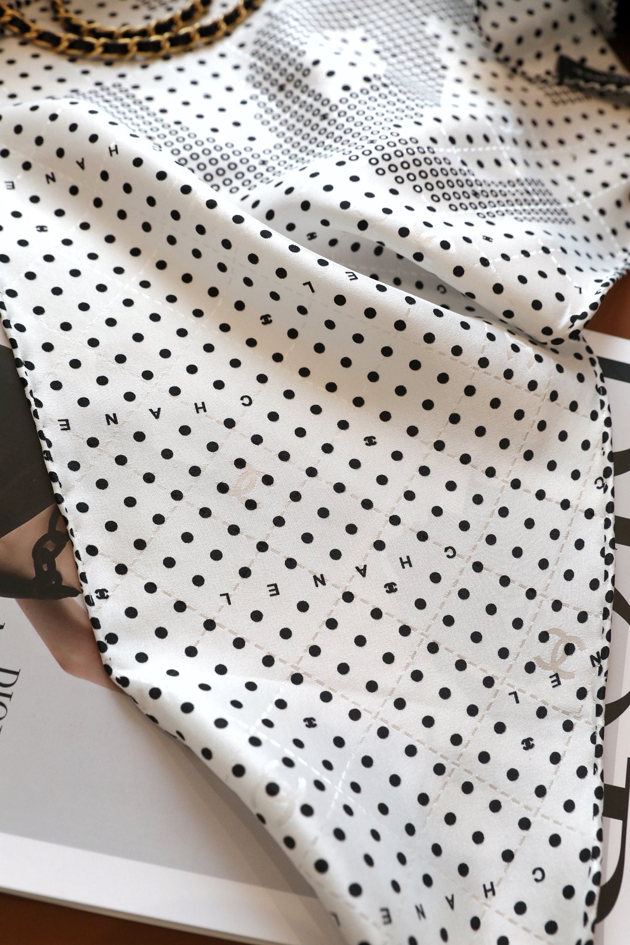 CC Scarf 110 CM In White Black Polka Dot Silk 348706