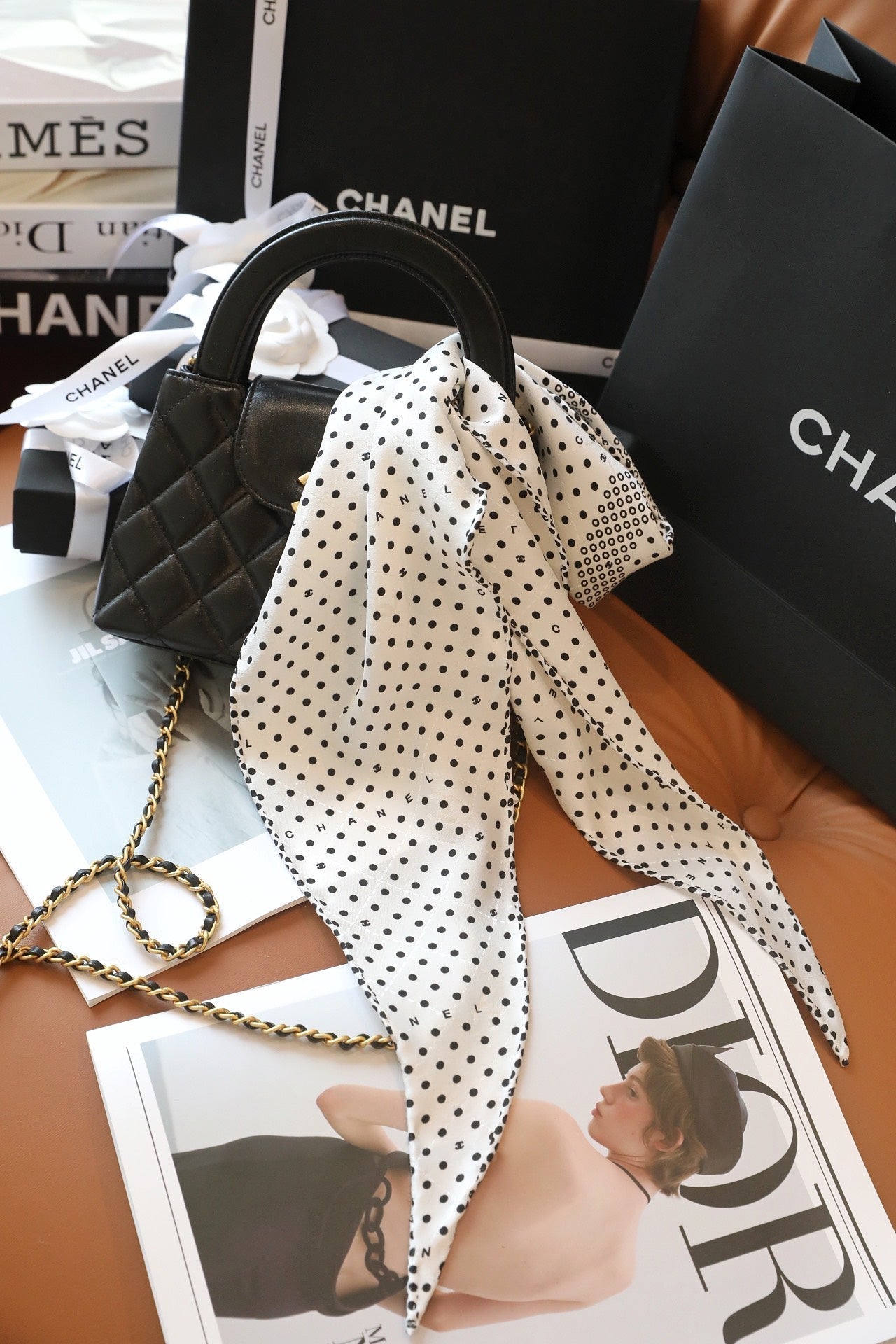 CC Scarf 110 CM In White Black Polka Dot Silk 348706