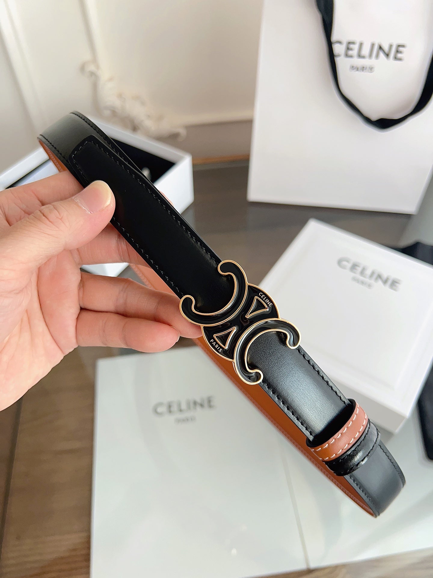 CL Black 25mm Triomphe Enamel Black Orange Cowhide  615281