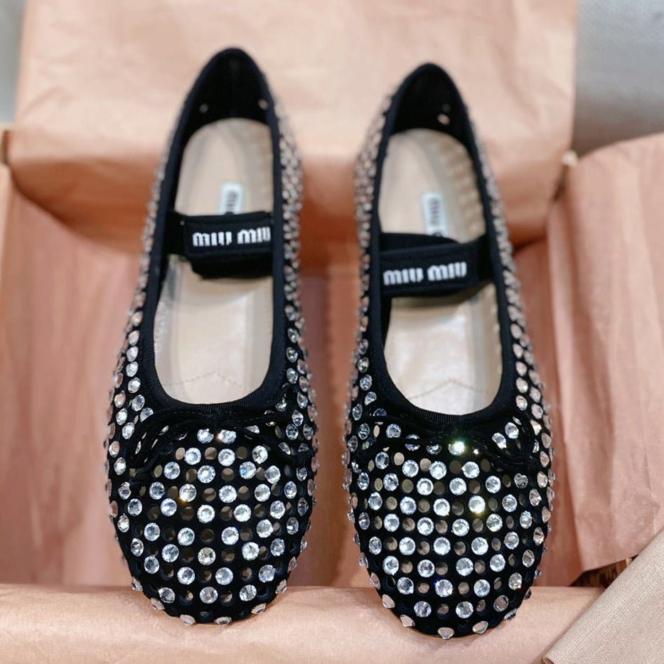 Miu Miu 2026 Crystal-Embellished Fishnet Ballet Flat Black Cowhide 155473