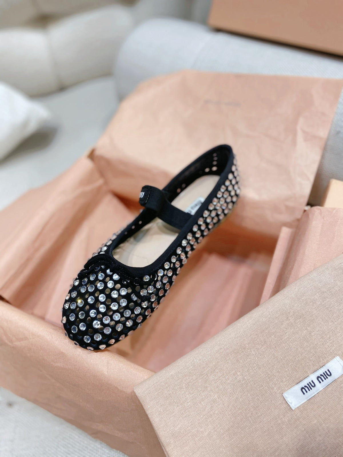 Miu Miu 2026 Crystal-Embellished Fishnet Ballet Flat Black Cowhide 155473