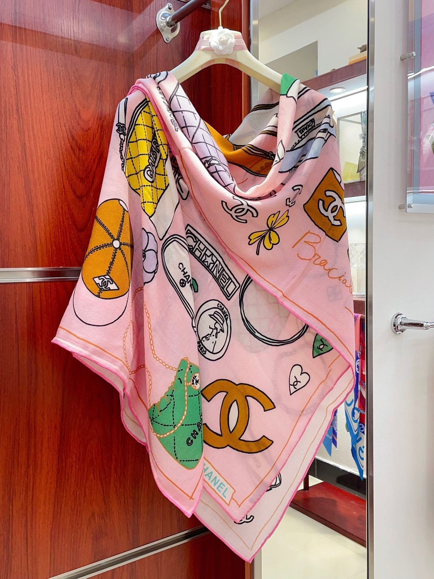 CC Square Scarf 140 CM In Pink Colorful Cashmere And Silk 359397