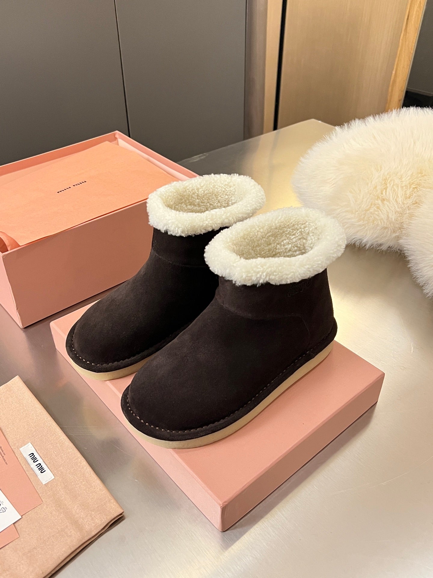 Miumiu 25 Boot Chocolate Brown Mix White Suede Wool 510222