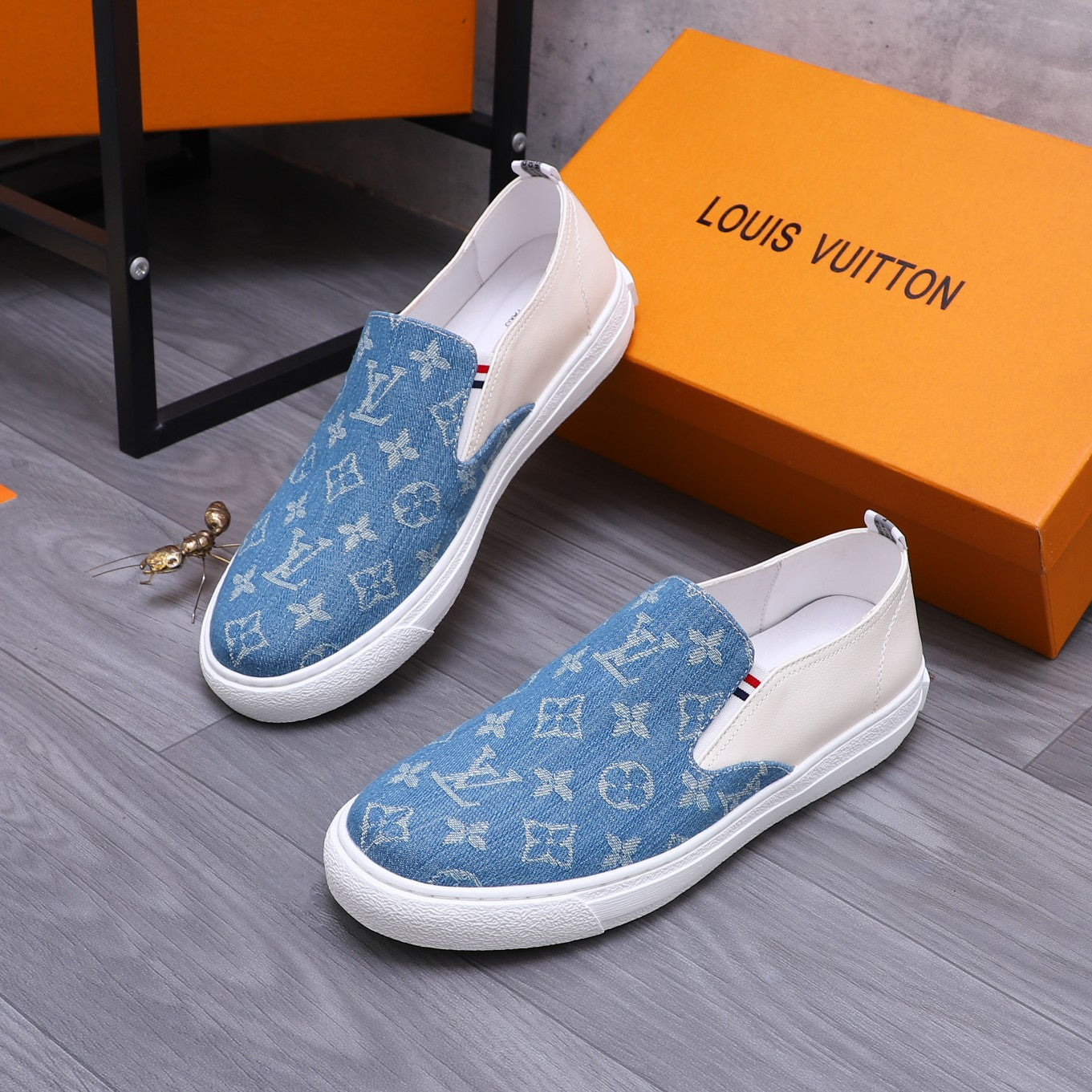 LV LOAFERS IN LIGHT BLUE DENIM AND WHITE CALFSKIN