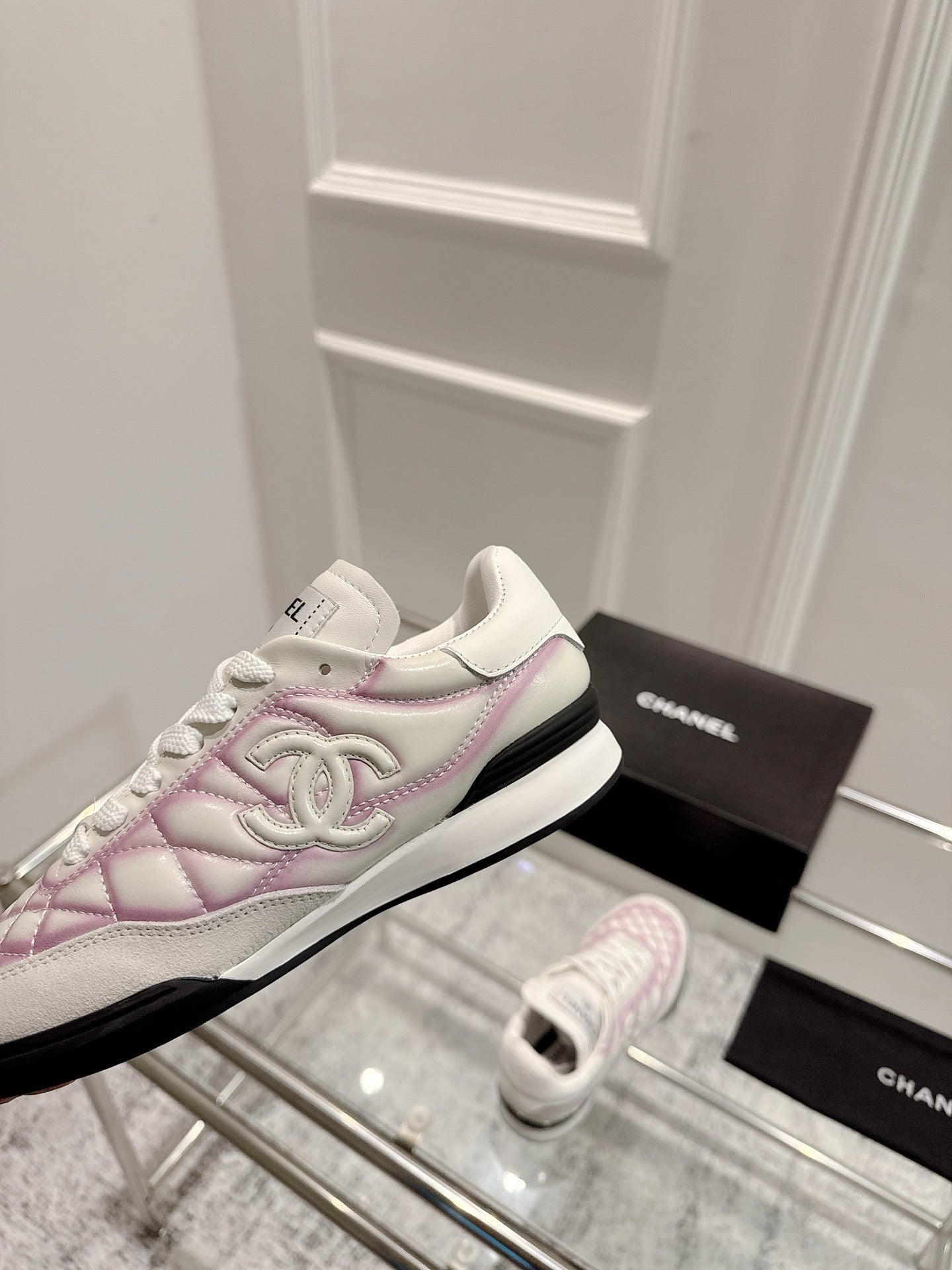 Chanel 25A Sports Shoes White Black Mix Pink Sheepskin 393113