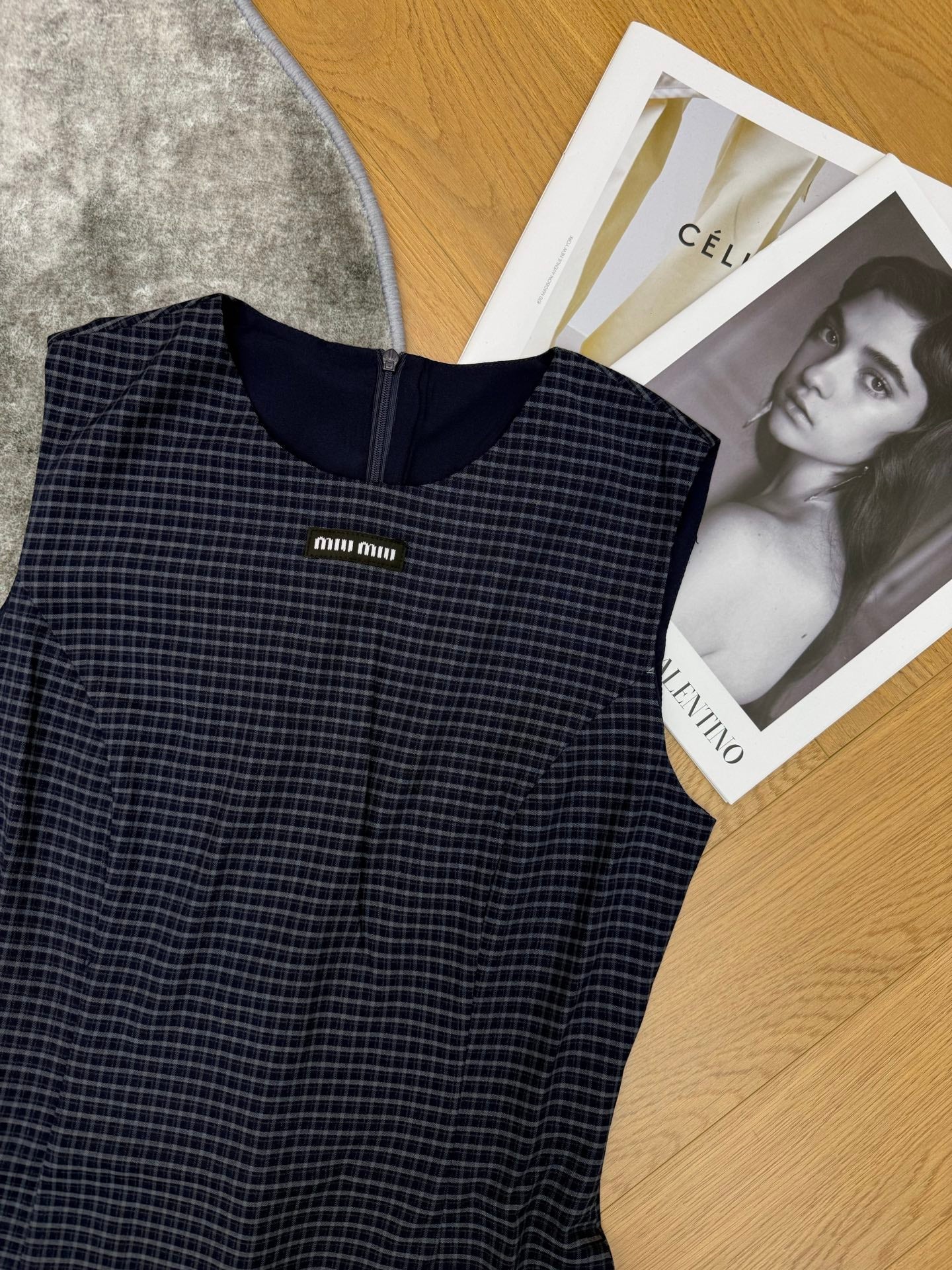Miumiu 2026 Plaid Sleeveless Dress Navy Blue Cotton