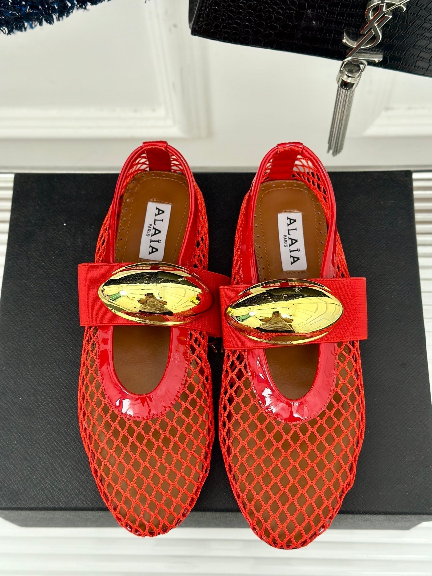 ballet flat jewel fishnet red lambskin