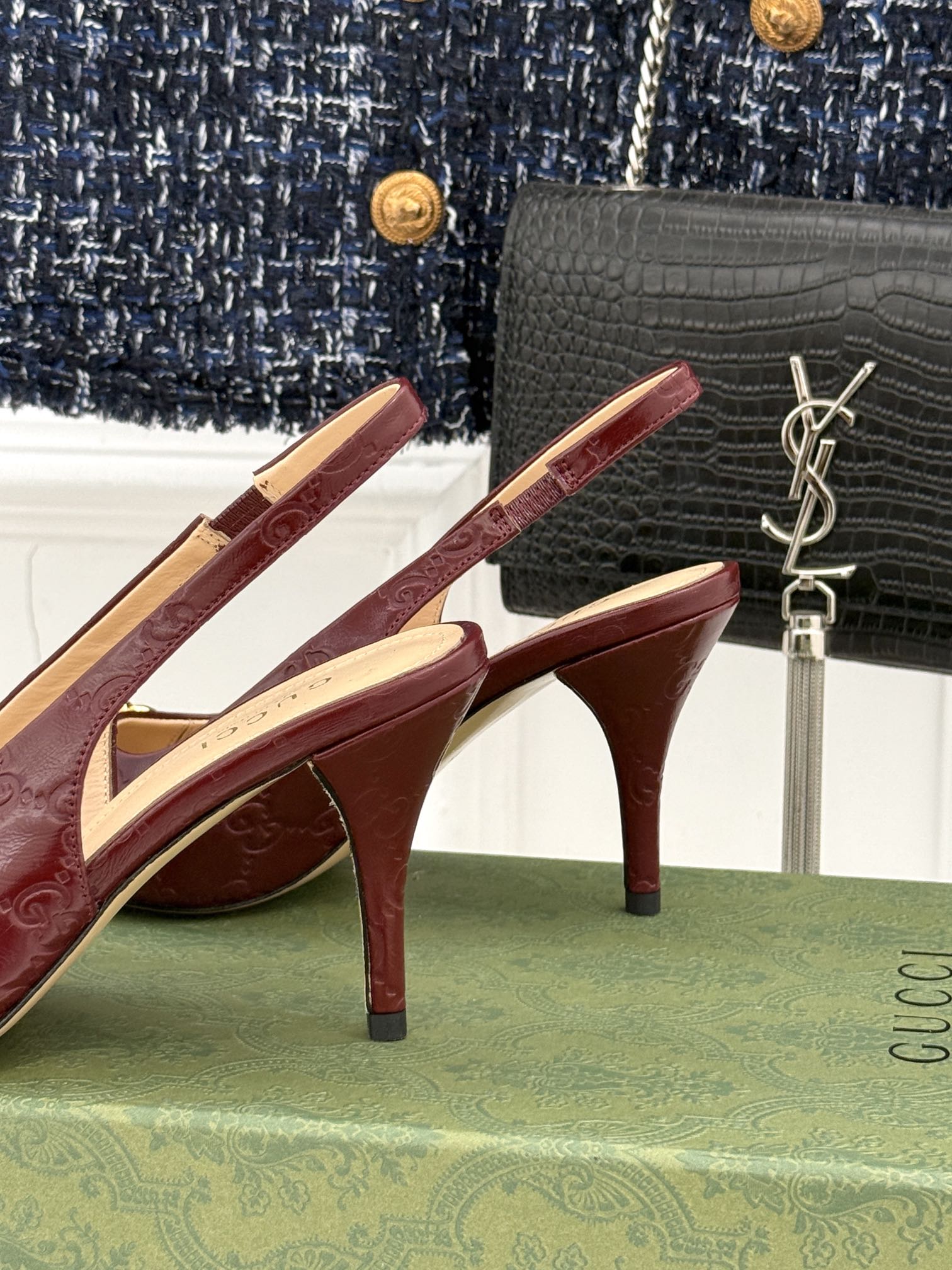 GG Horsebit Slingback 85MM Burgundy GG Leather Point Toe