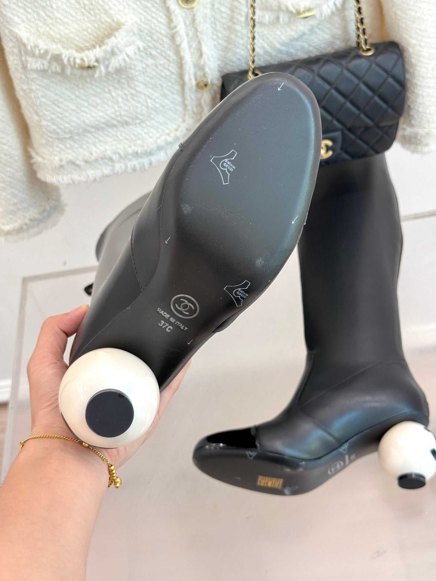 Chanel 25 Double C Giant Pearl Heel Long Boot Black White  Sheepskin 465413