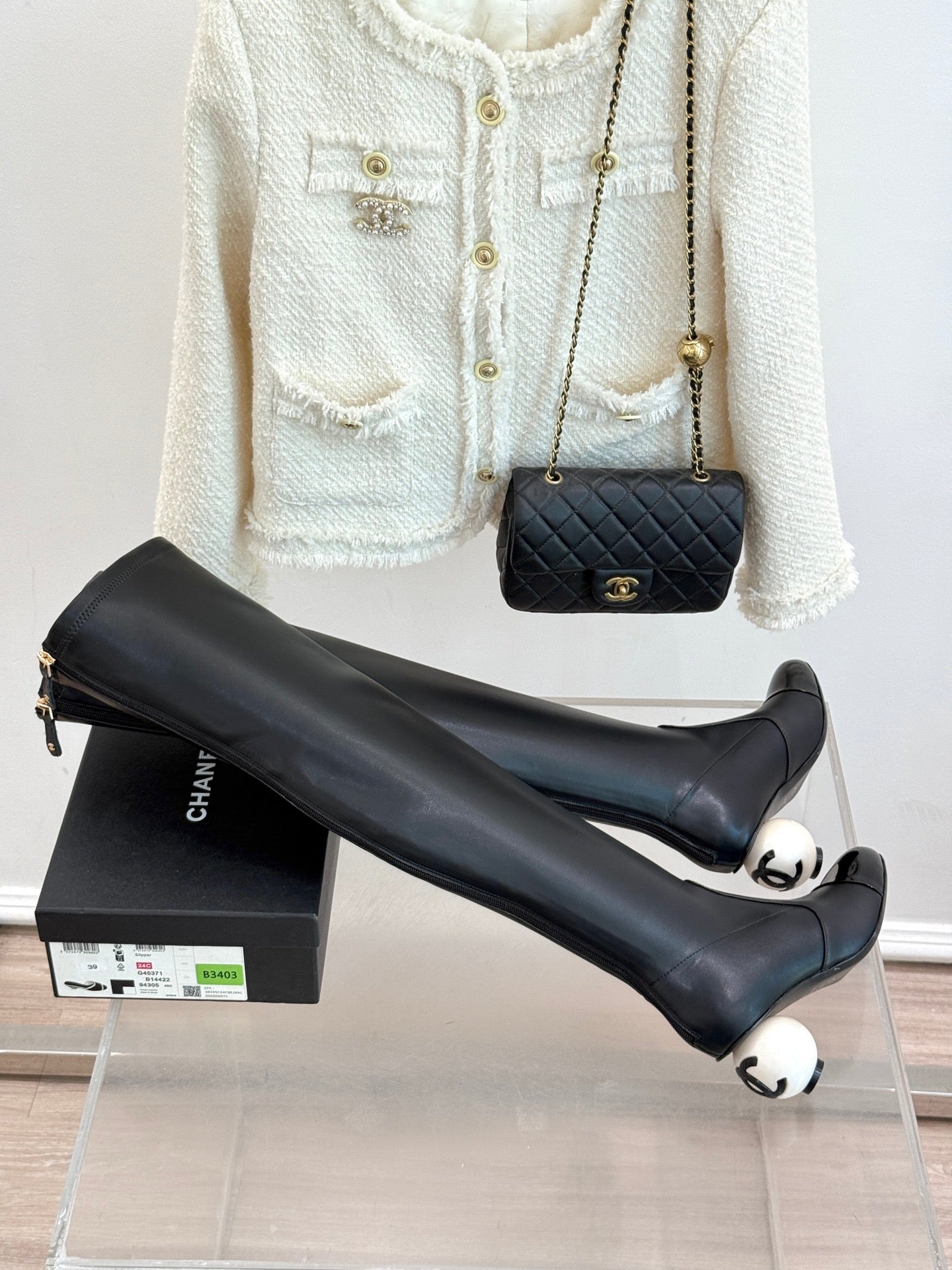 Chanel 25 Double C Giant Pearl Heel Long Boot Black White  Sheepskin 465413