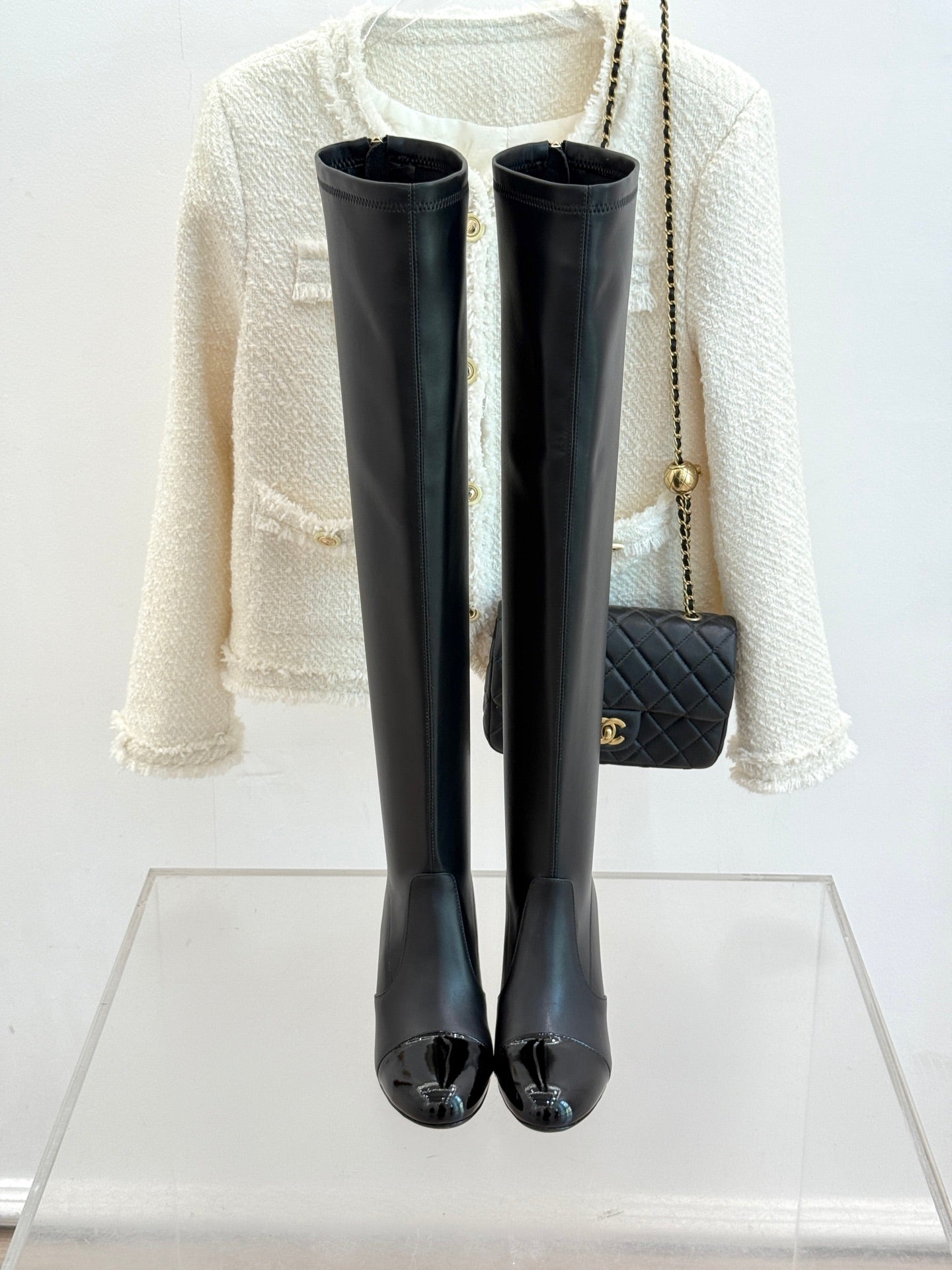 Chanel 25 Double C Giant Pearl Heel Long Boot Black White  Sheepskin 465413
