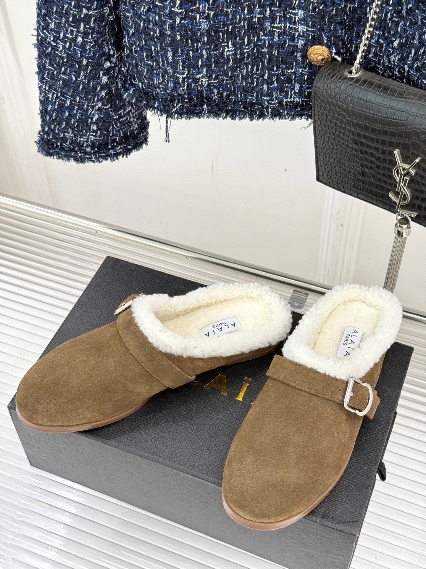 Alaia 25WF slippers belt buckle khaki brown suede wool 472227