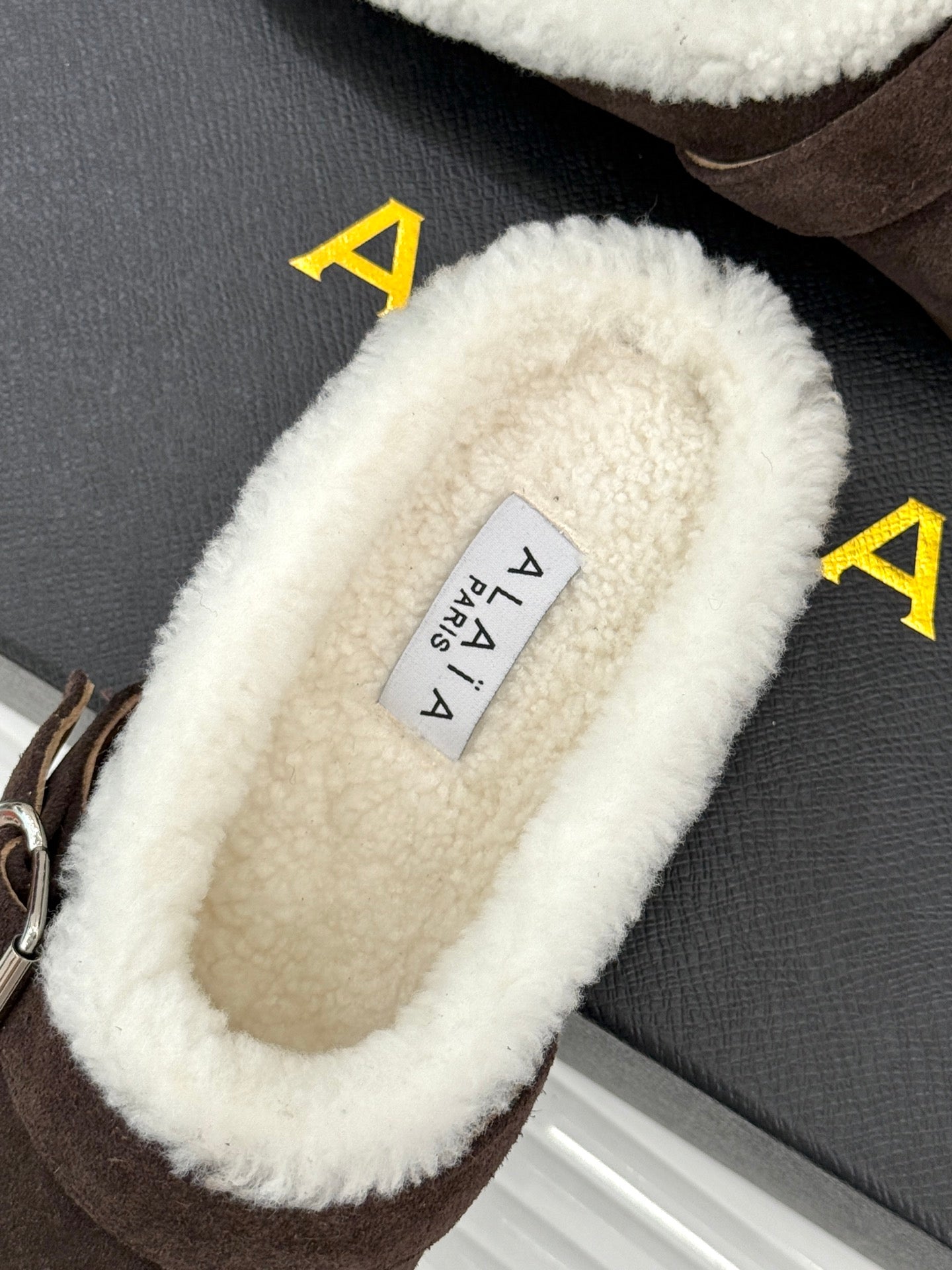 Alaia 25WF slippers belt buckle chocolate brown suede wool 472231