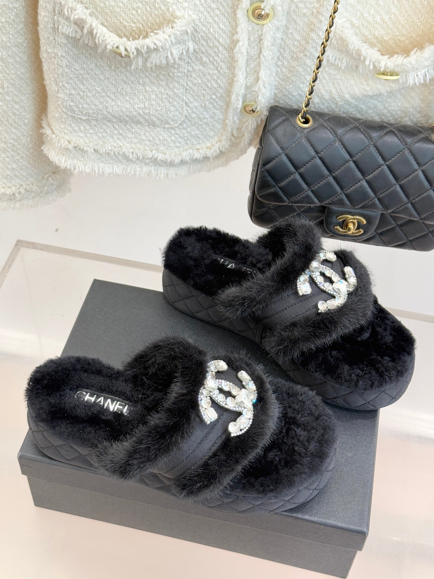 CC slipper double C rhinestone buckle black wool 512051