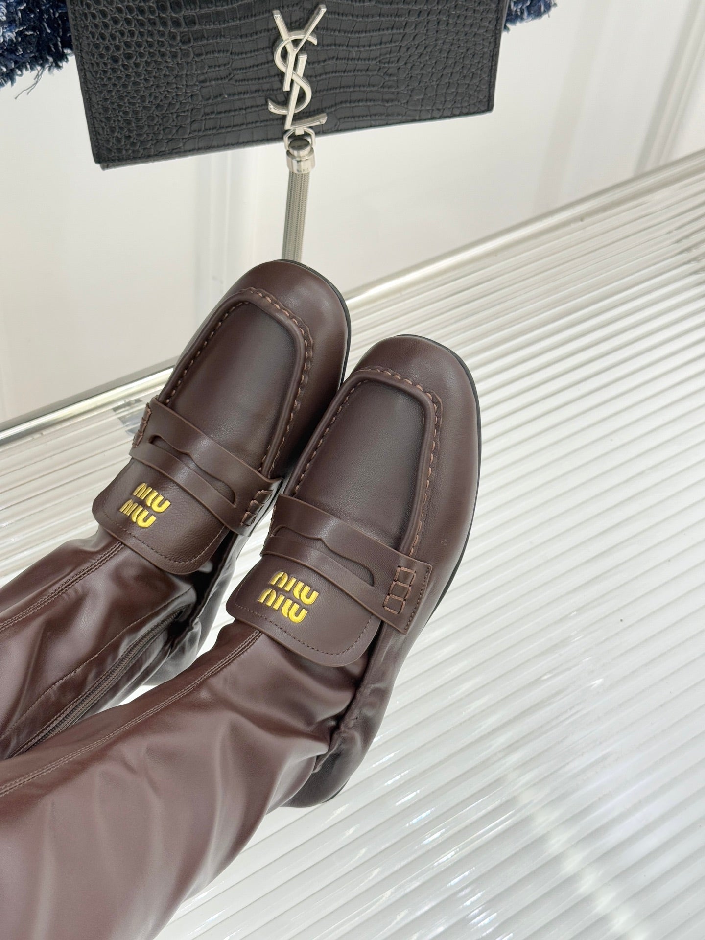 MiuMiu 25 loafer stretch boots brown calfskin 517336