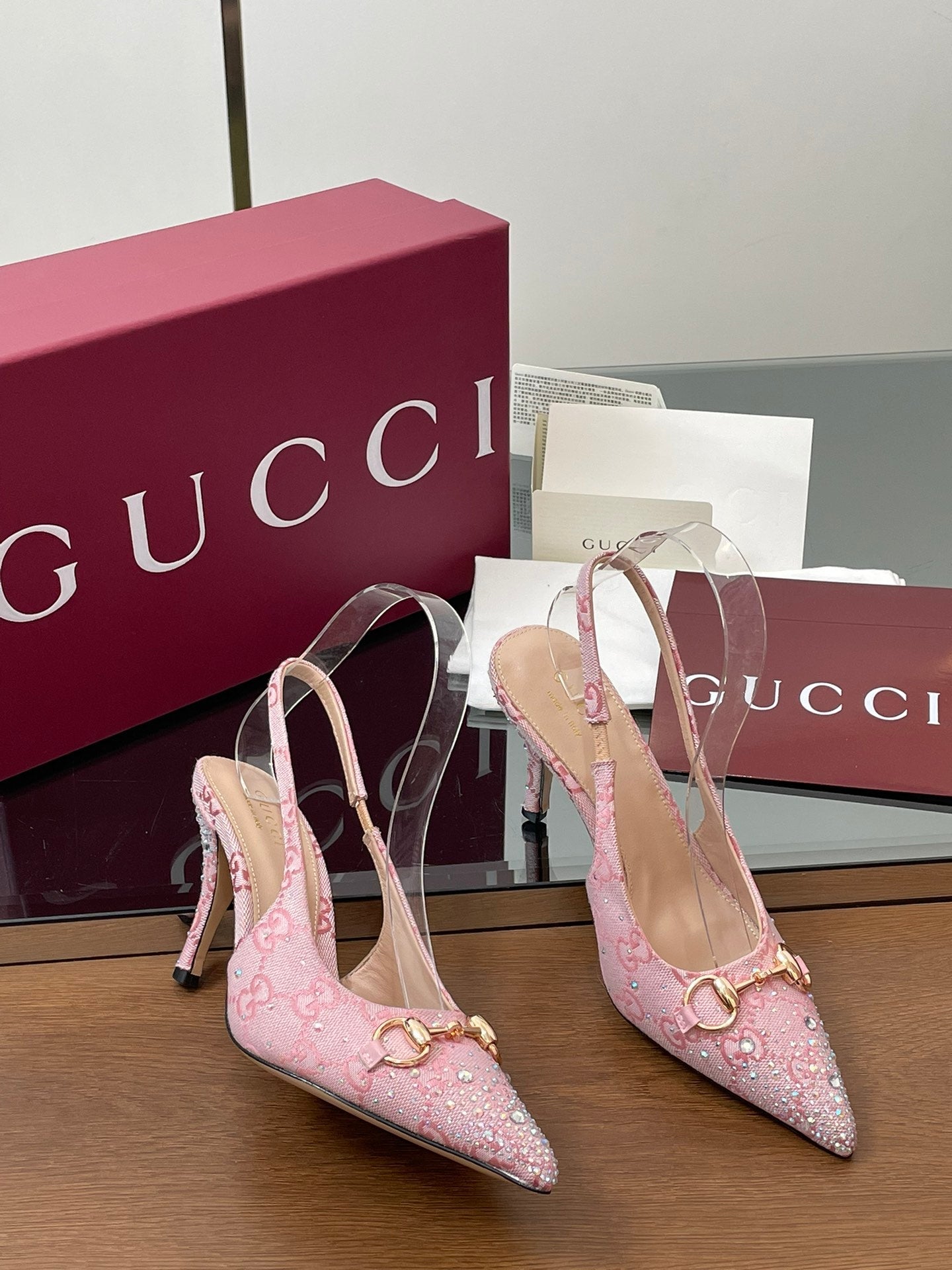GG Horsebit Slingback 75mm Pink Ebony Monogram Canvas Point Toe Crystal-Embellished