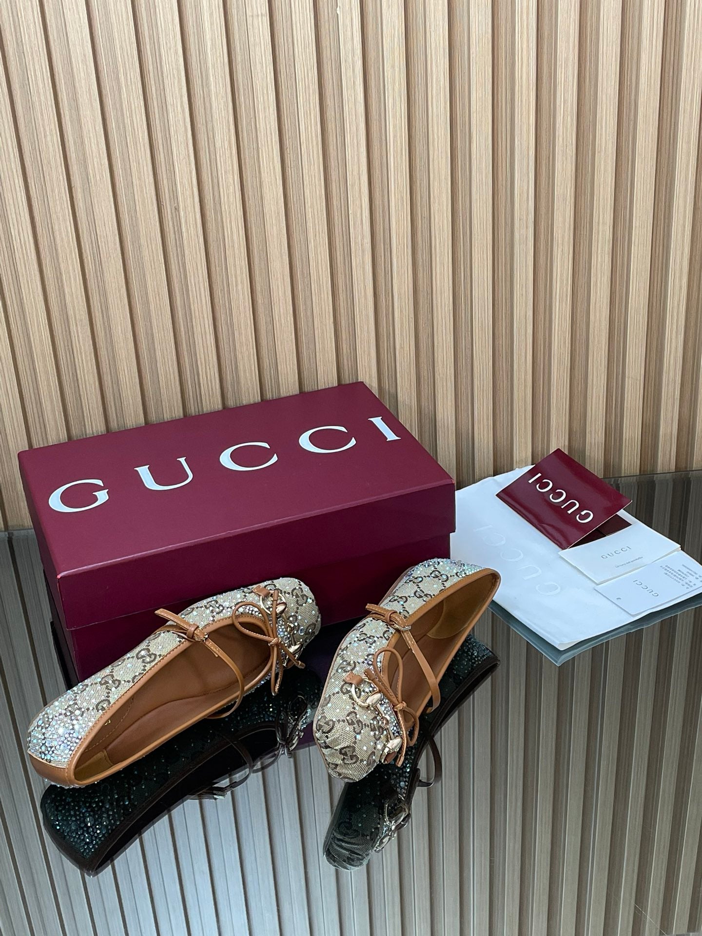 Gucci 2026 Crystal Rhinestone Ballet Flat Beige Brown Canvas Leather 562909
