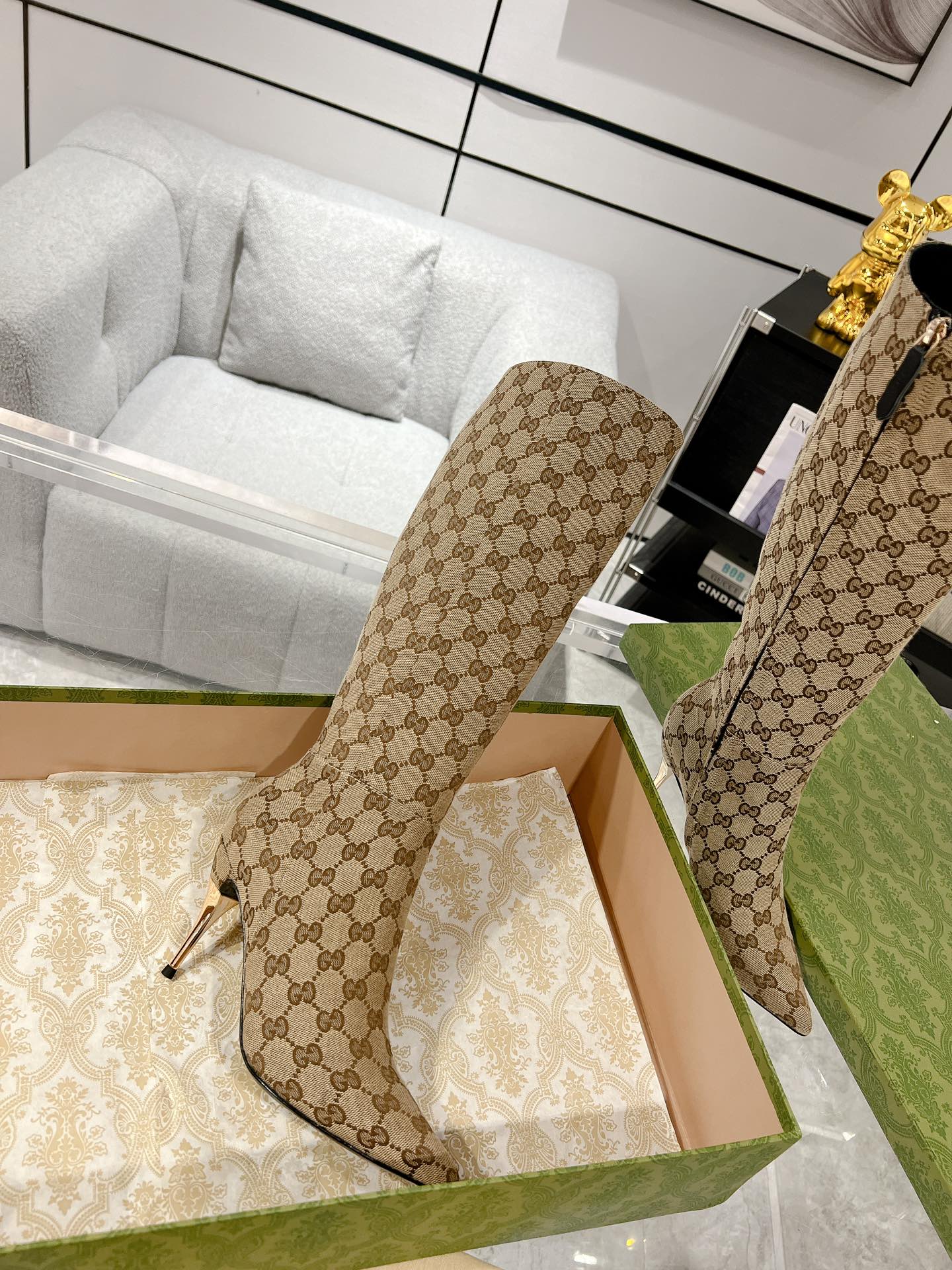 Hermes 2026 High-Heeled Boot Beige Canvas Leather 953419