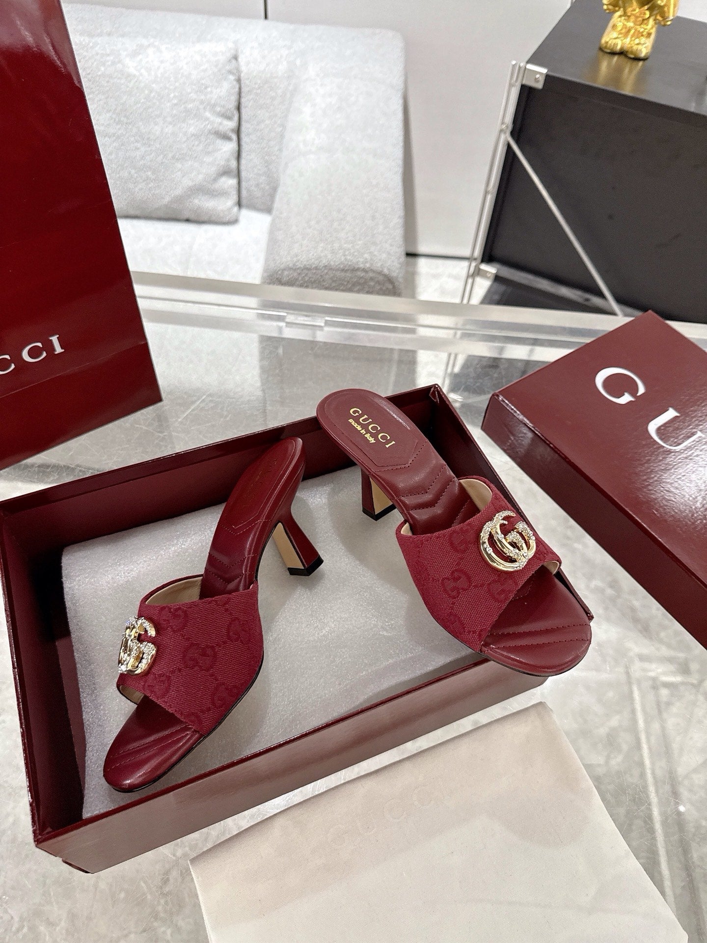 GC 2025 Double G High Heel Sandals Red Canvas Sheepskin 292467