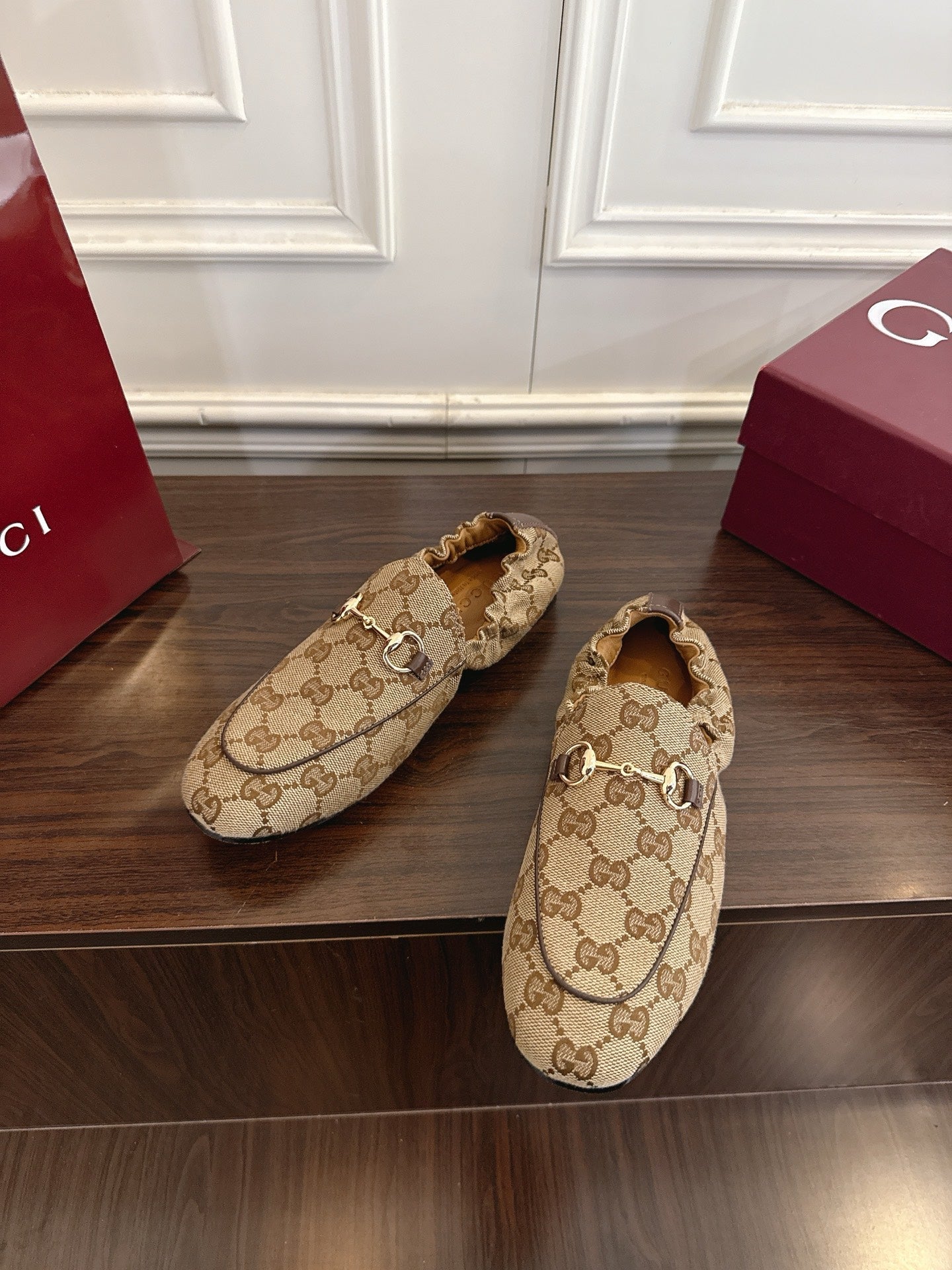 GG 26SS Loafers Beige Brown Monogram Canvas Leather 645954
