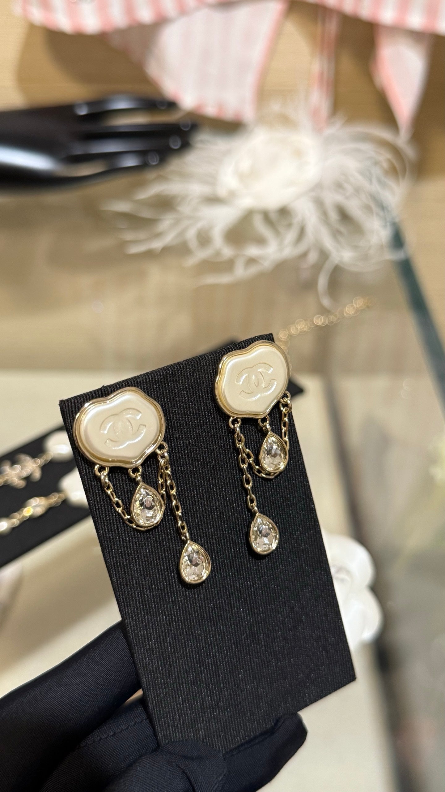 Chanel  Cloud Double C Resin Double Teardrop Crystal Light Gold Chain Tassel Earrings