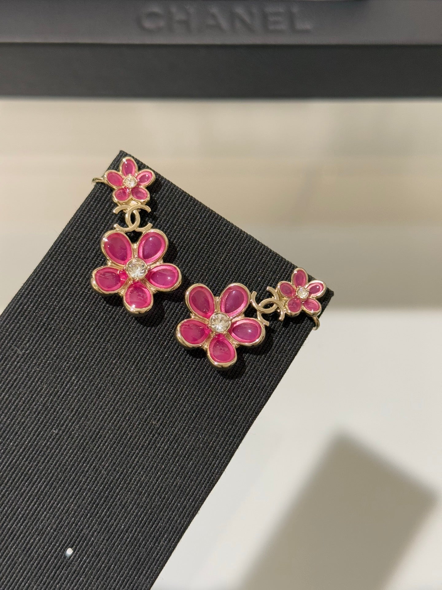 Chanel Pink Flower Crystal Rhinestone Double C Earrings
