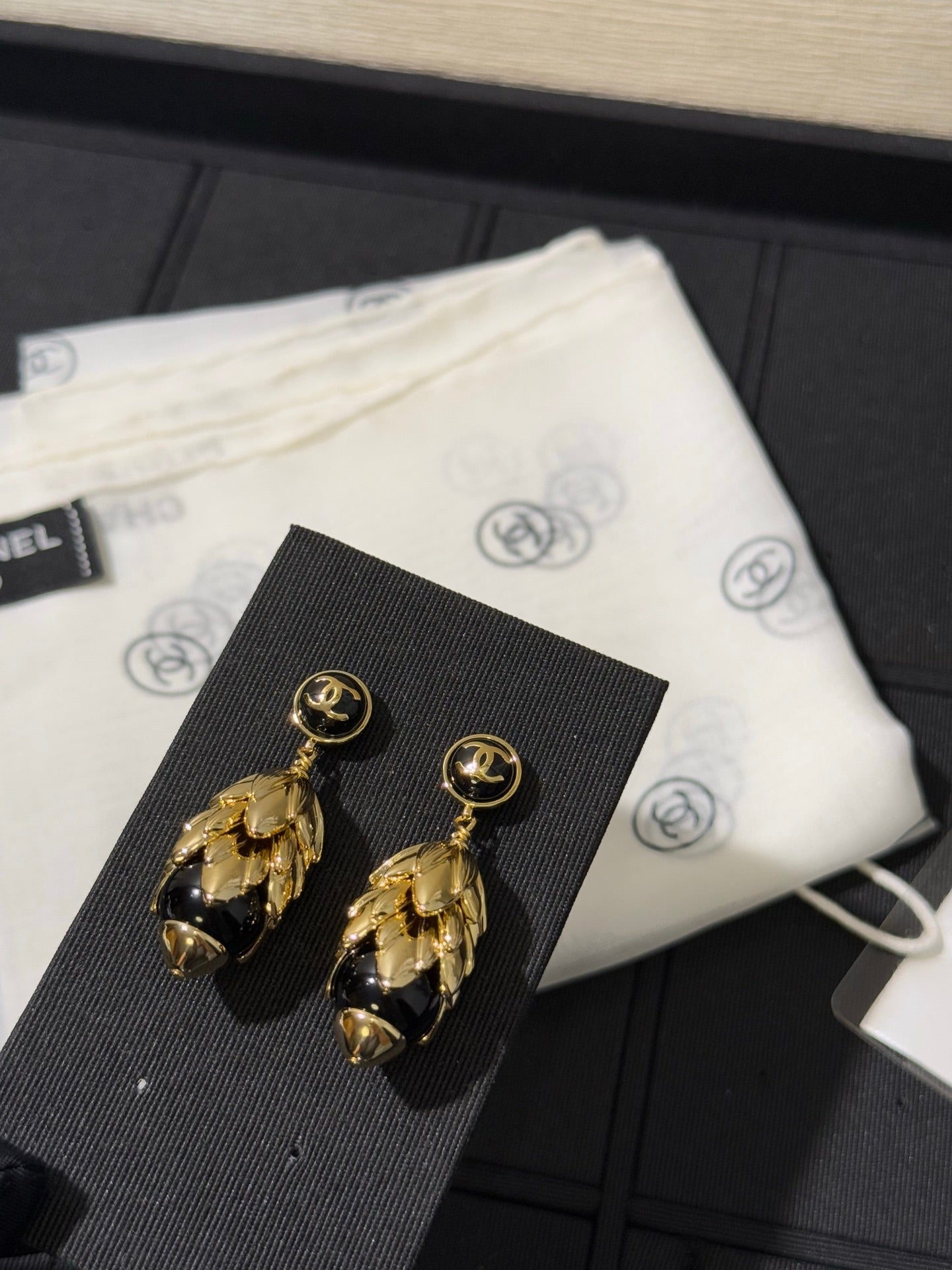 Chanel 2026 Black Gold Enamel Wheat Earrings with Double C Design