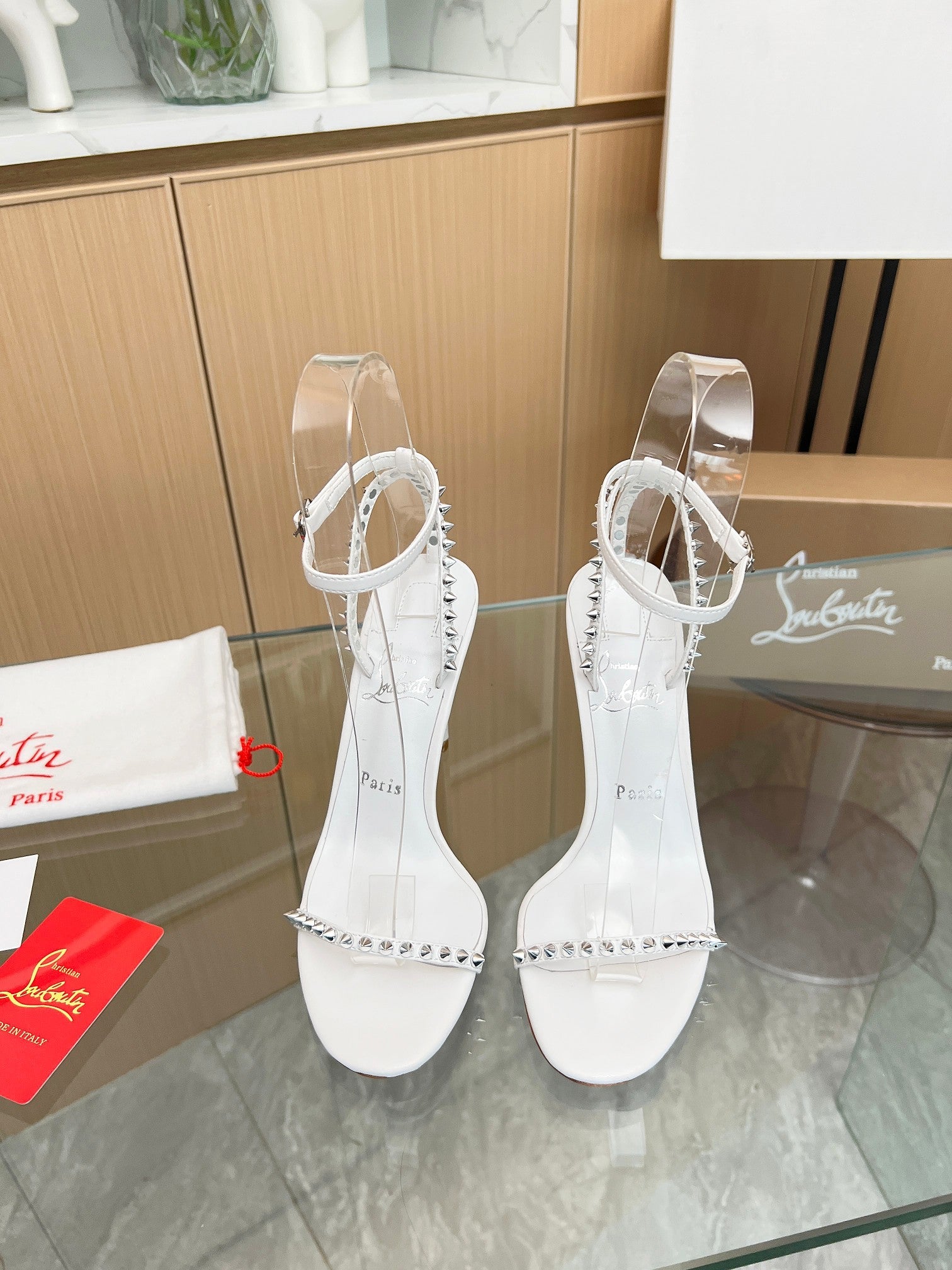 CL So Me 105 mm Strappy Sandal White Imported Rivets with Sheepskin 251018