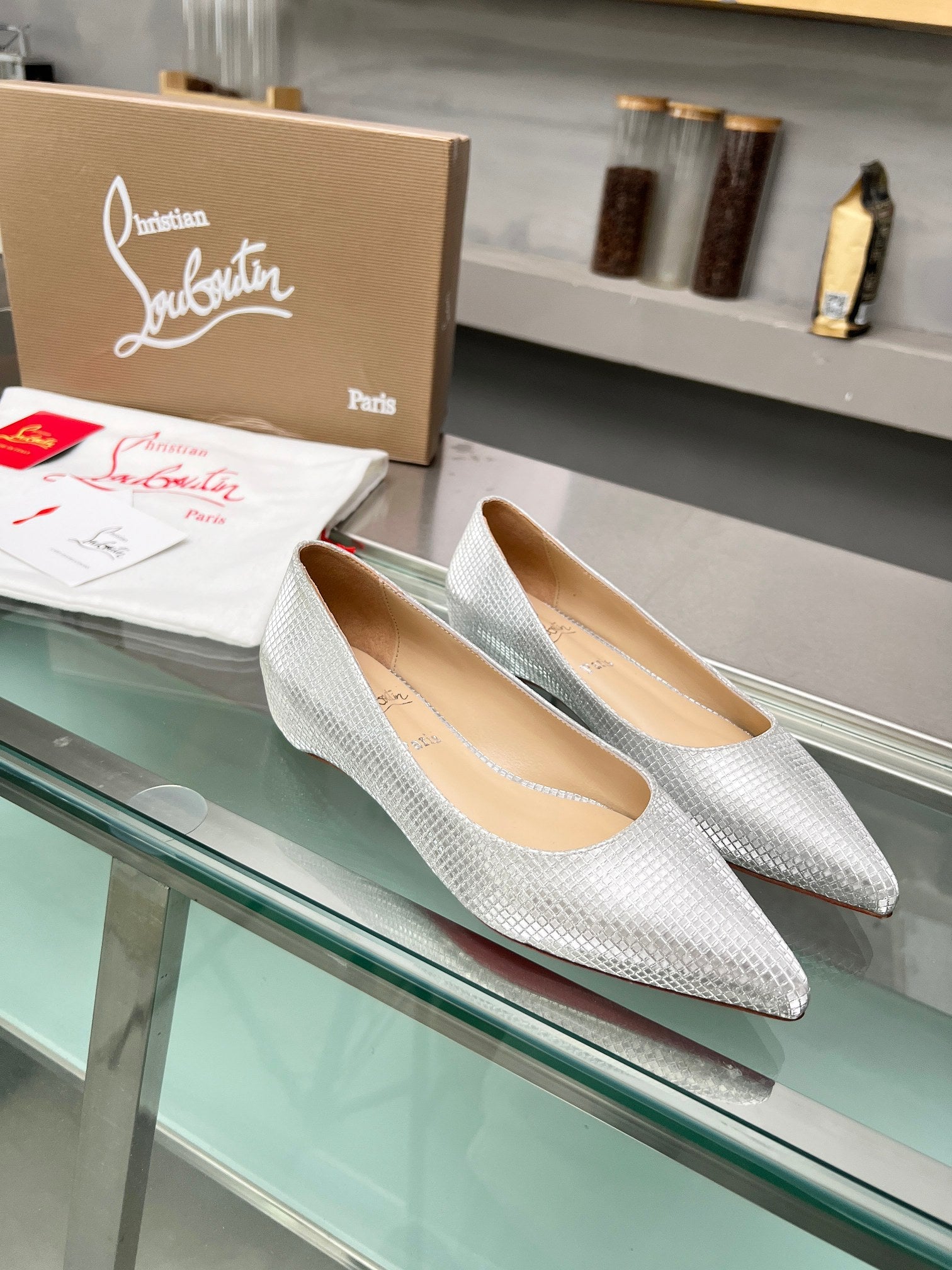 CL Kate Ballerina Flats Sequin Fabric Silver