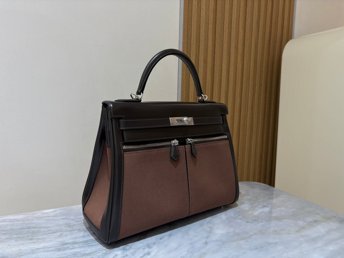 High-end Hermes 2026 Kelly Lakis 32 Bag Black Brown Box Leather And Canvas
