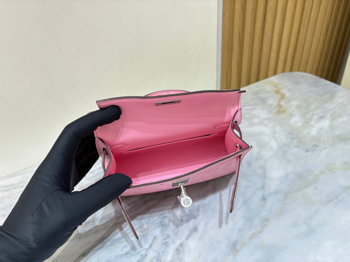High-end Hermes 2026 Mini Kelly II 19cm Bag Pink Ostrich Leather