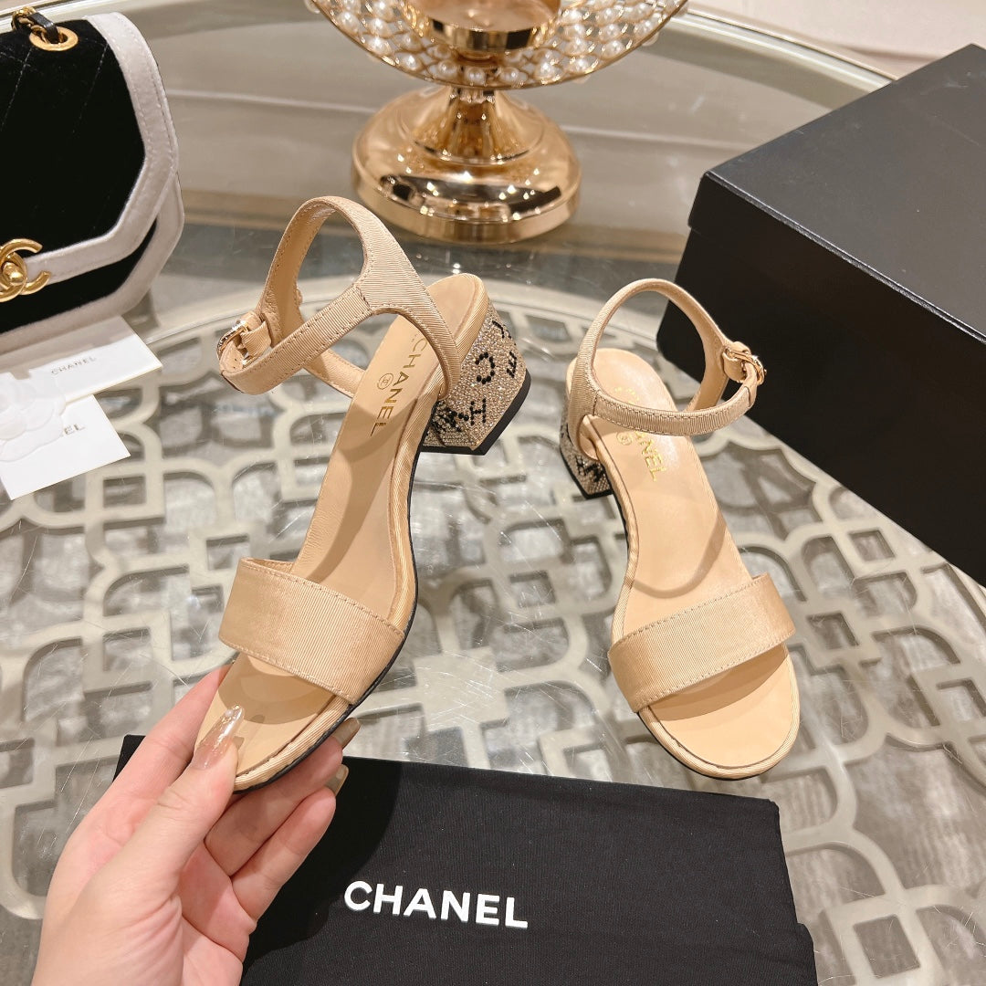 CC 25C 5CM Mid Heed Sandals Cream Fabric 213322