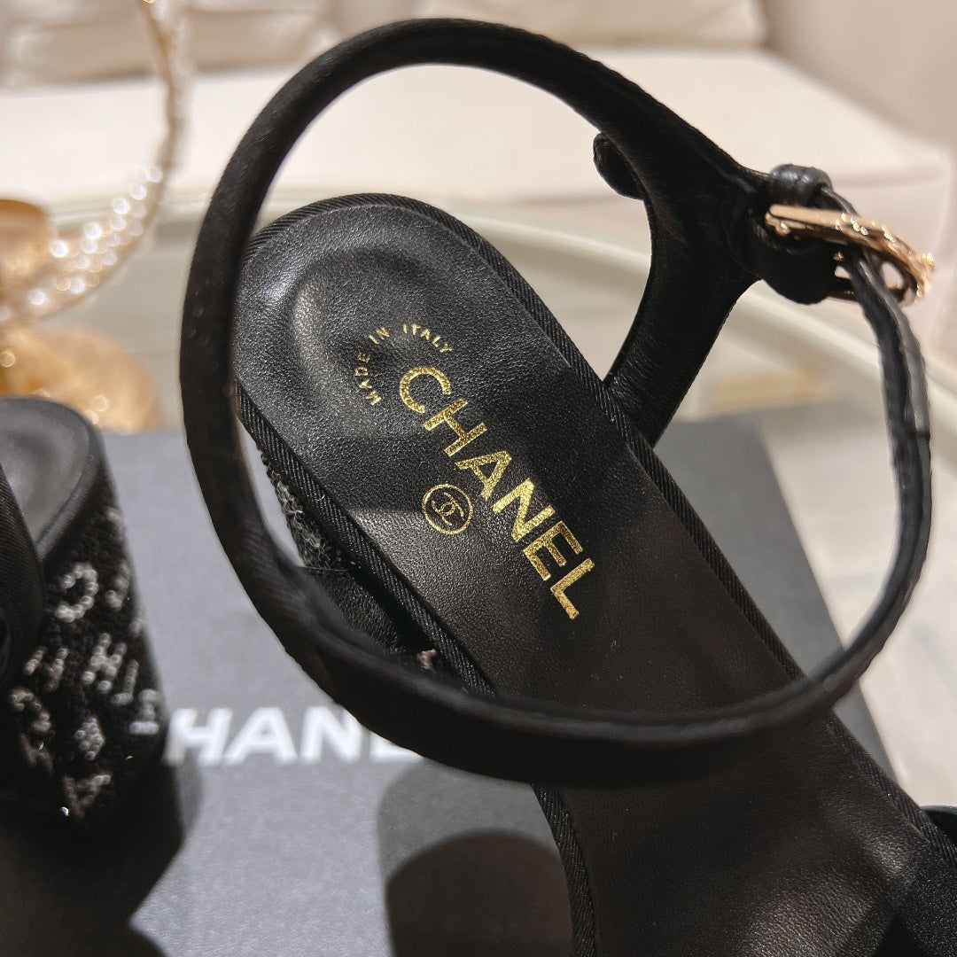CC 25C 10CM Mid Heed Sandals Black Fabric 213324