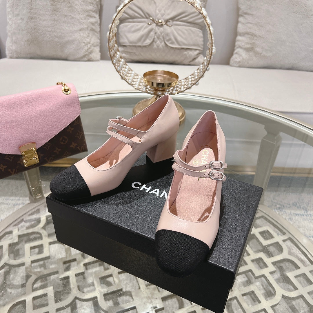 mary janes 60 double buckle light pink calfskin black grosgrain